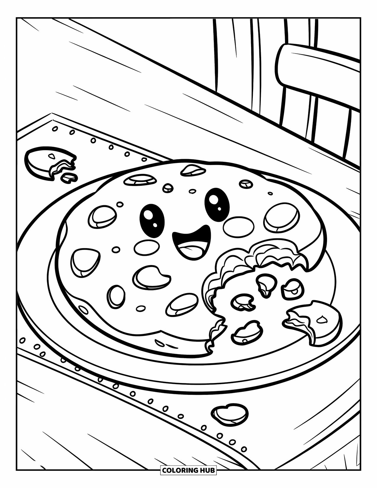 Baking Coloring Page for Kids: A cookie with crumbs sitting on a plate at a table