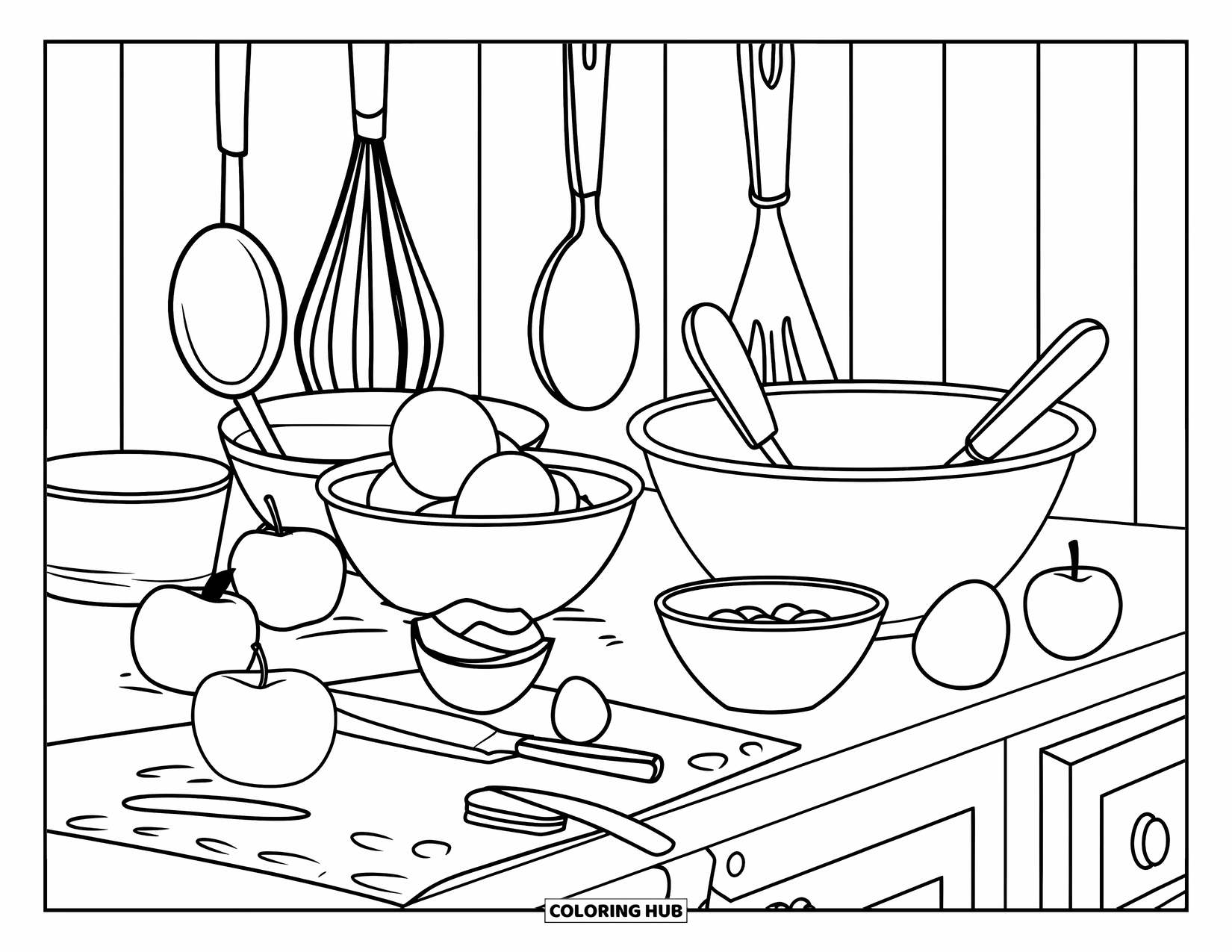 Baking Coloring Page for Kids: A counter with apples, oranges, eggs, and baking tools