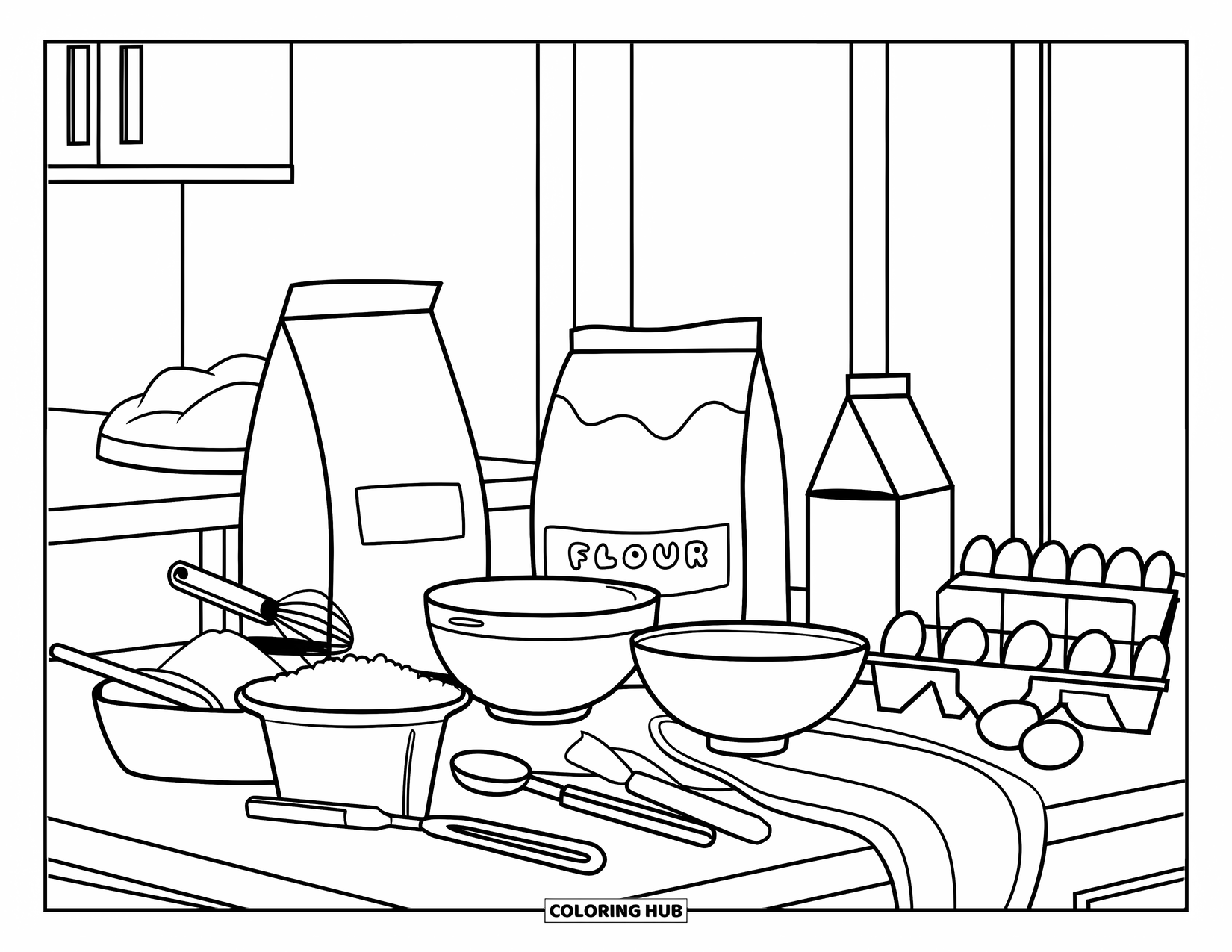 Baking Coloring Page for Kids: A counter with flour, sugar, milk, eggs, and utensils