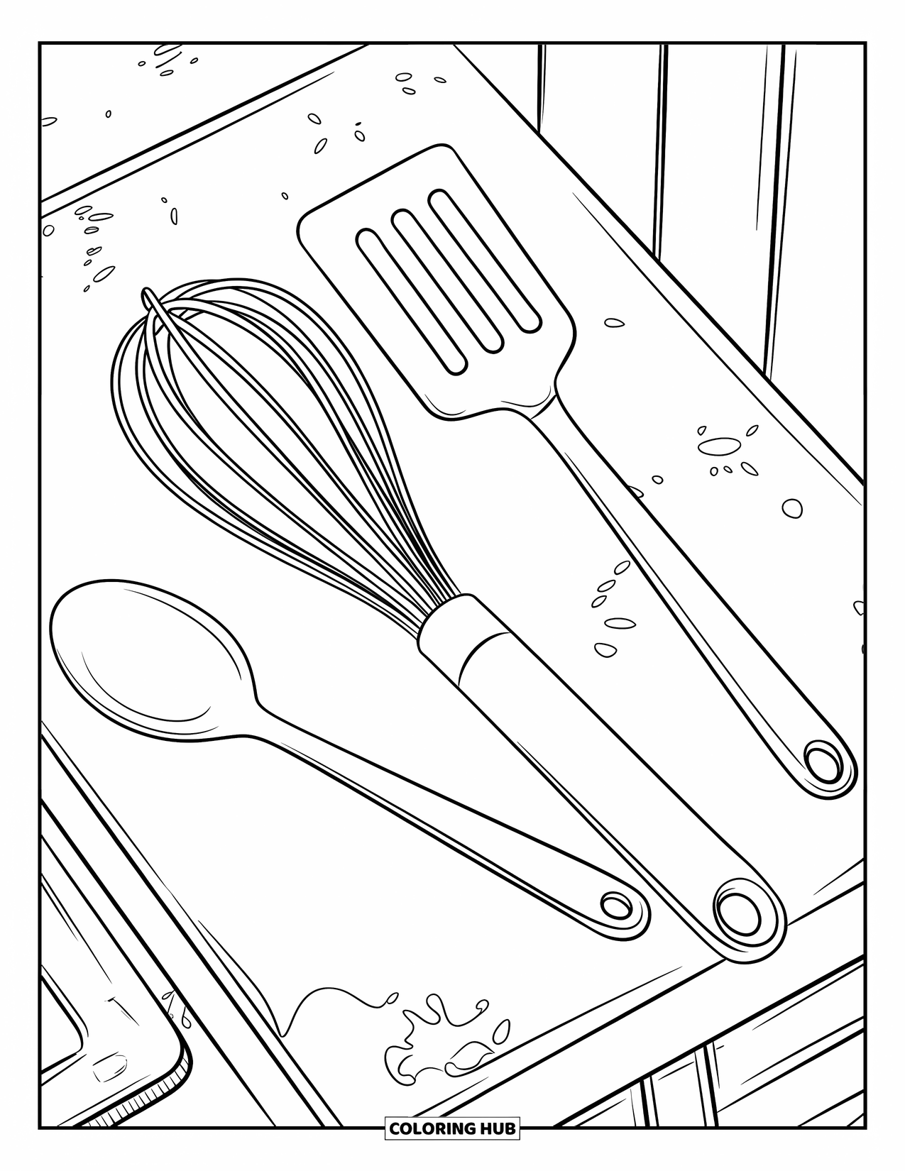 Baking Coloring Page for Kids: A counter with whisk, spatula, spoon, and a few splatters