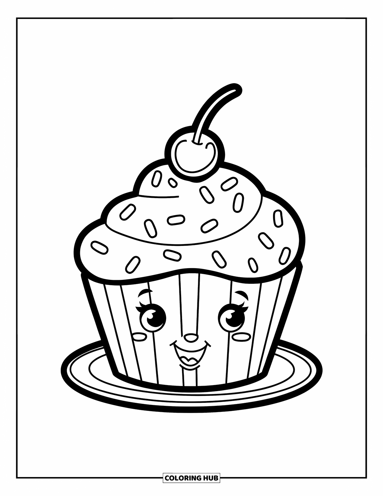 Baking Coloring Page for Kids: A cupcake with sprinkles and a cherry resting on a plate