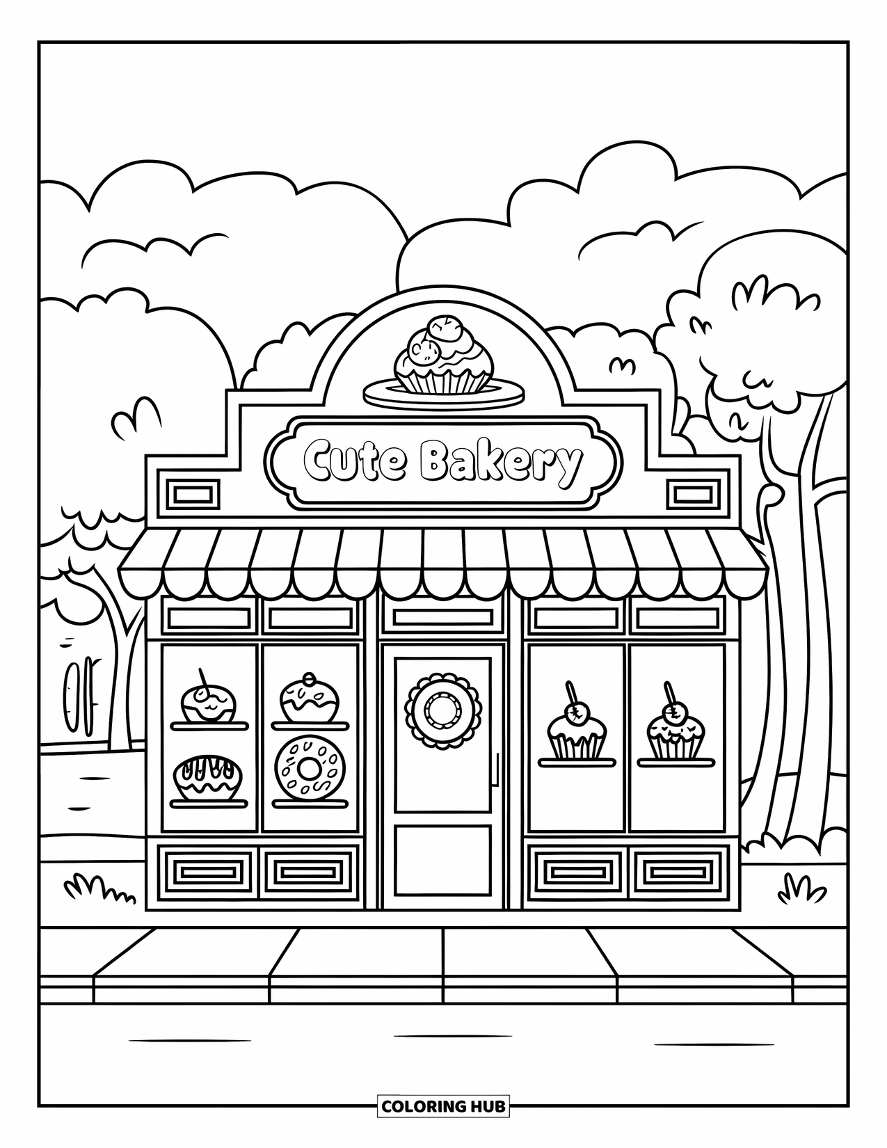 Baking Coloring Page for Kids: A cute bakery storefront with windows full of cupcakes, donuts, and pastries