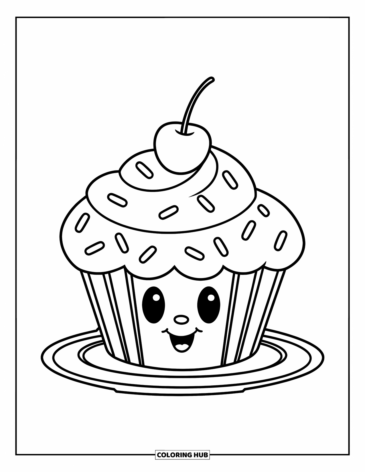 Baking Coloring Page for Kids: A cute cupcake with sprinkles and a cherry on a plate
