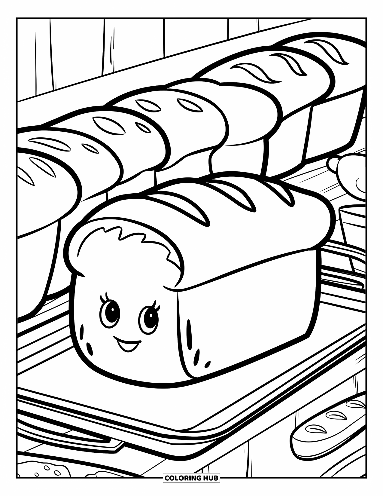 Baking Coloring Page for Kids: A friendly loaf of bread on a tray with other loaves nearby