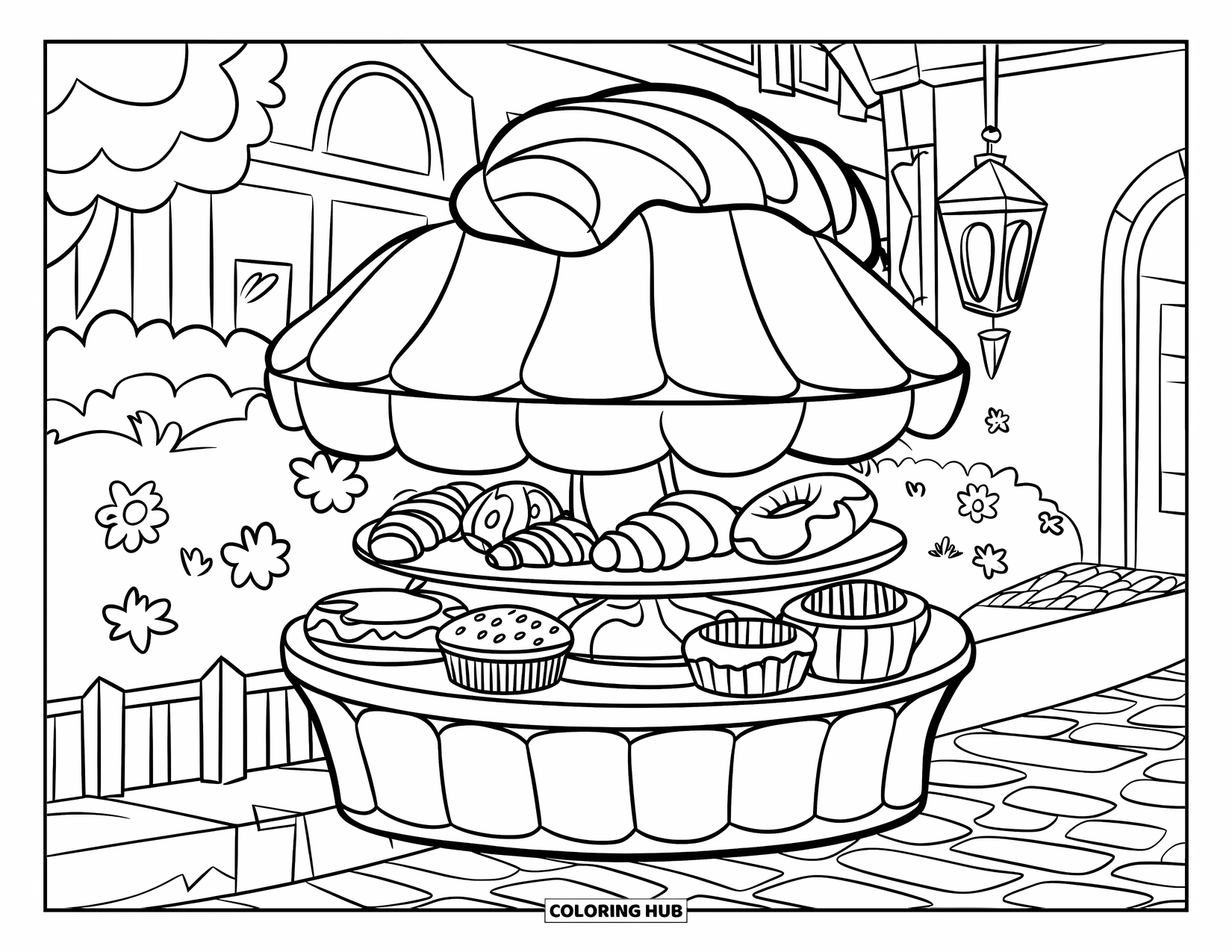 Baking Coloring Page for Kids: A giant pastry-shaped stand filled with croissants, muffins, and donuts