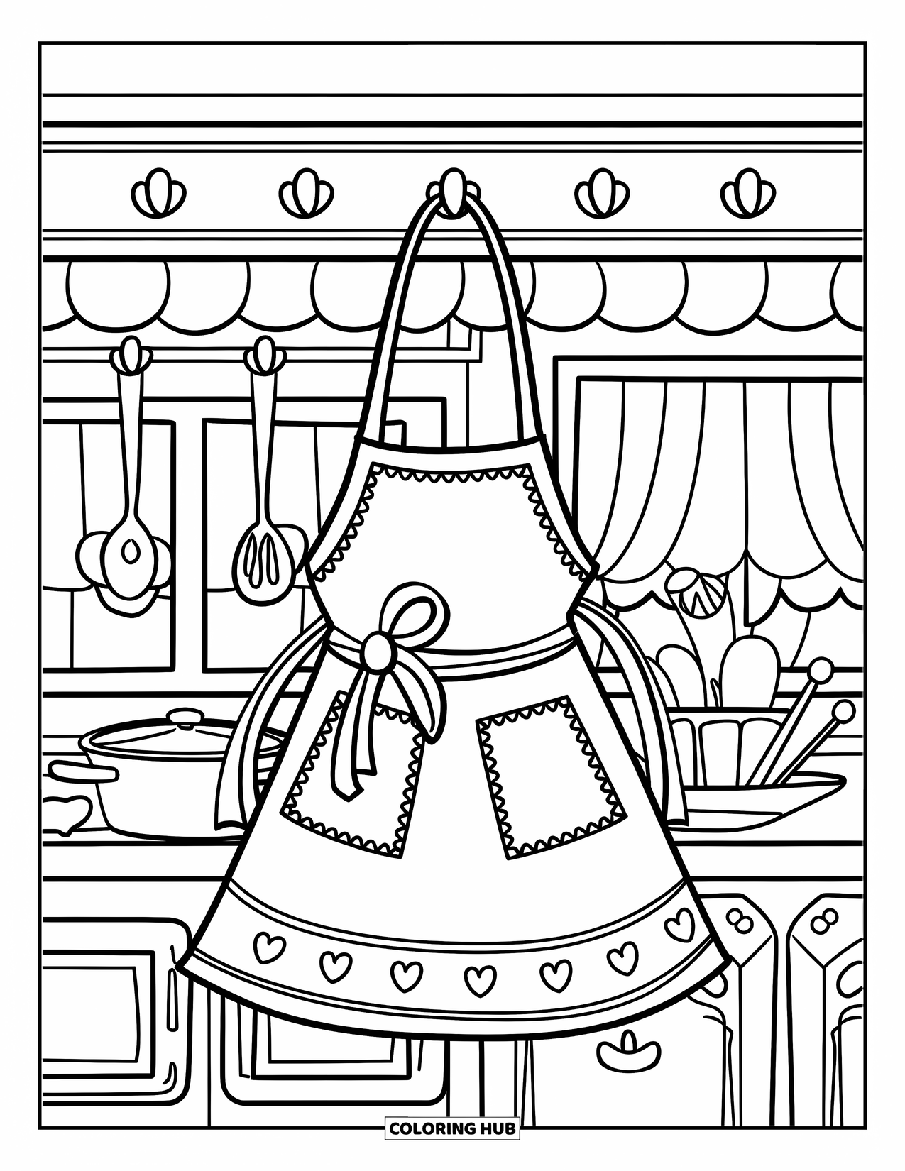 Baking Coloring Page for Kids: A heart-and-star patterned apron hanging in a cozy kitchen