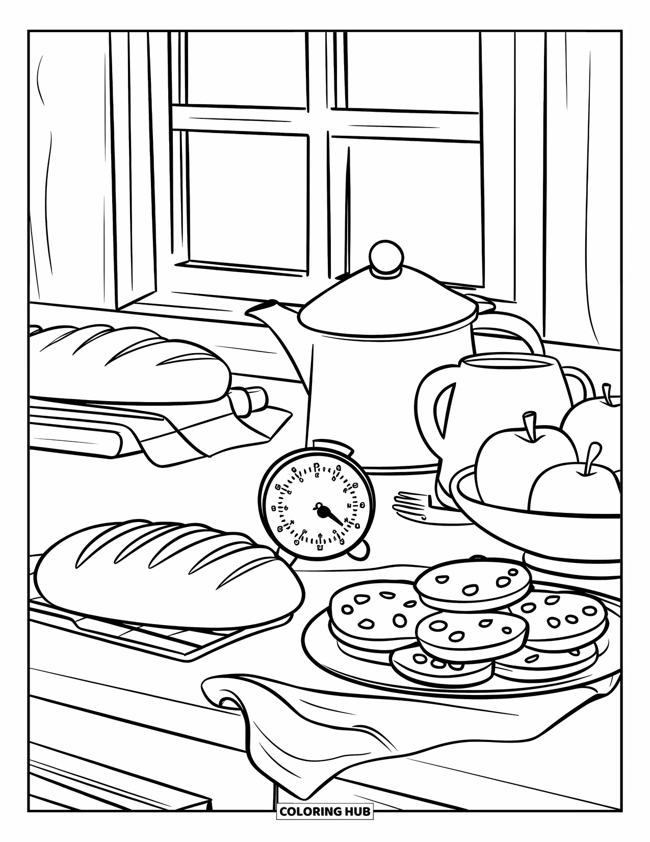 Baking Coloring Page for Kids: A kitchen counter with timer, cups, bread, apples, cookies, and tea