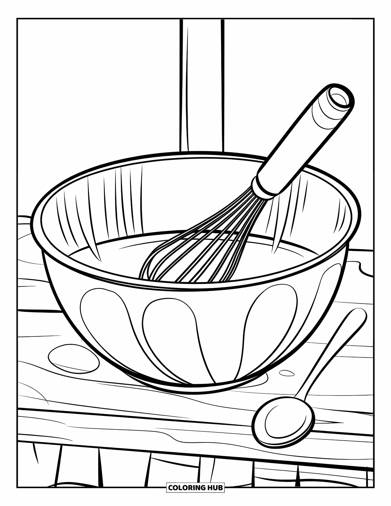 Baking Coloring Page for Kids: A large mixing bowl with a whisk and a spoon nearby