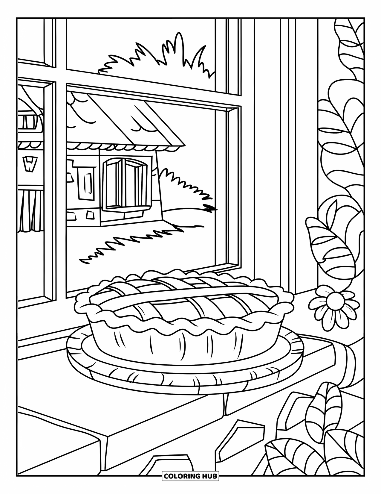 Baking Coloring Page for Kids: A lattice pie cooling on a stone windowsill with leaves nearby