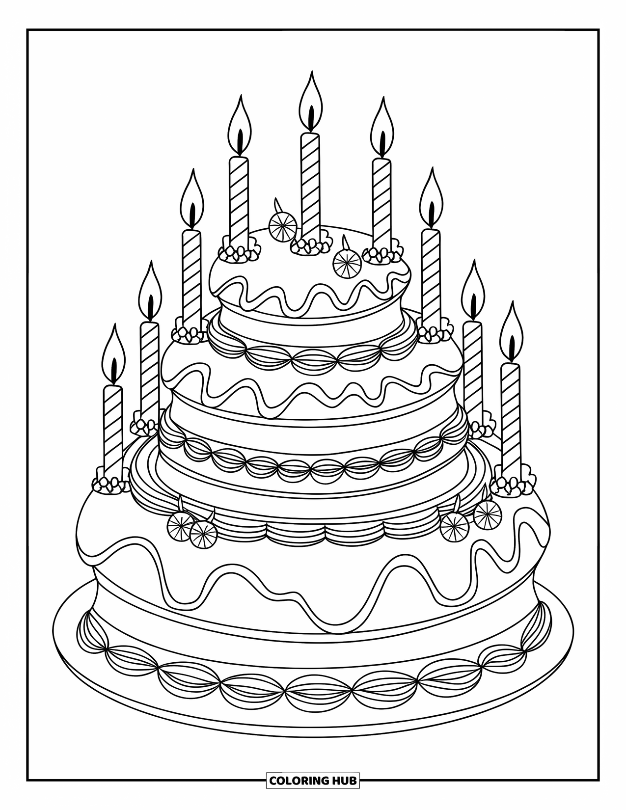 Baking Coloring Page for Kids: A layered cake with candles and detailed icing patterns