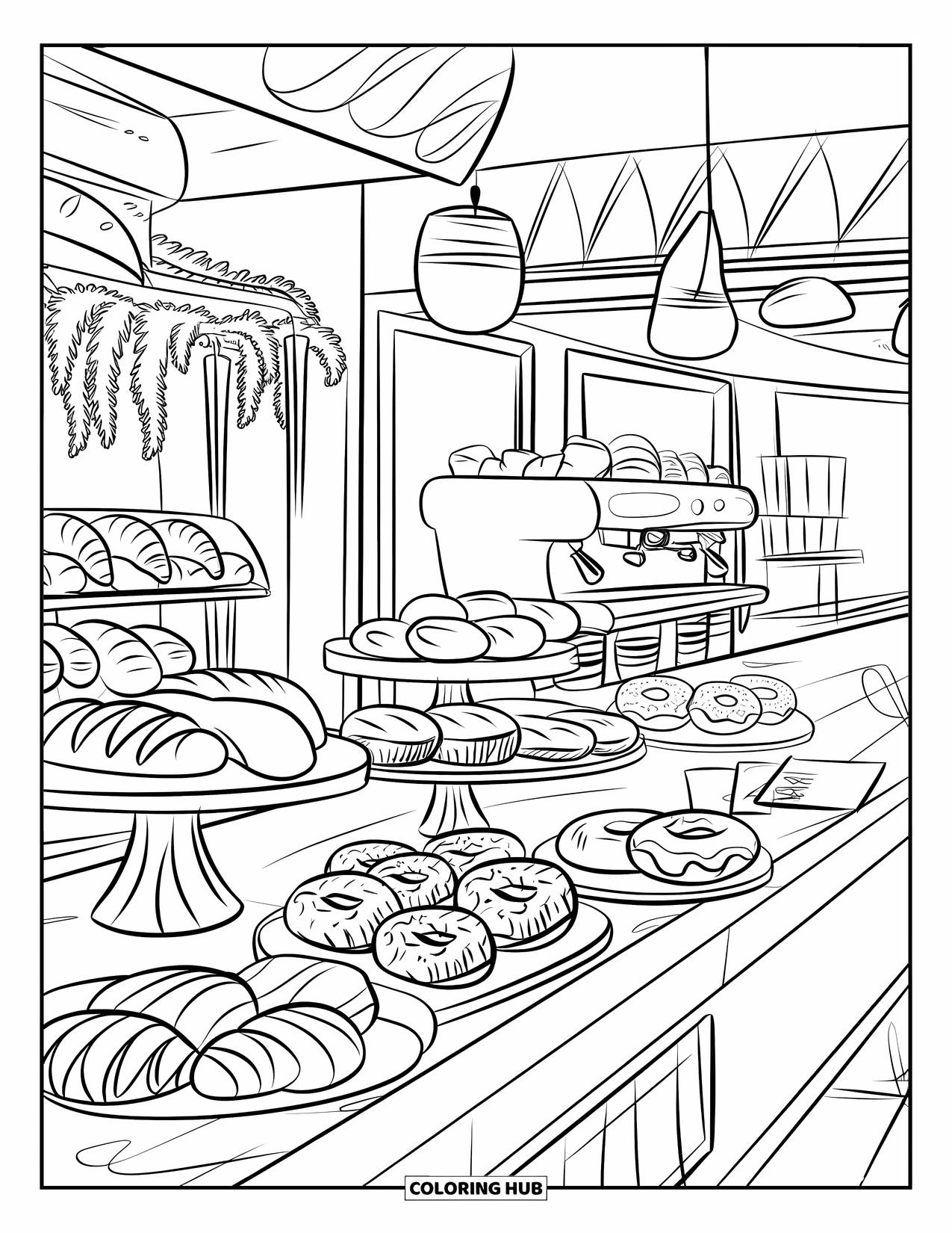 Baking Coloring Page for Kids: A modern bakery with pastries, coffee, tables, and plants