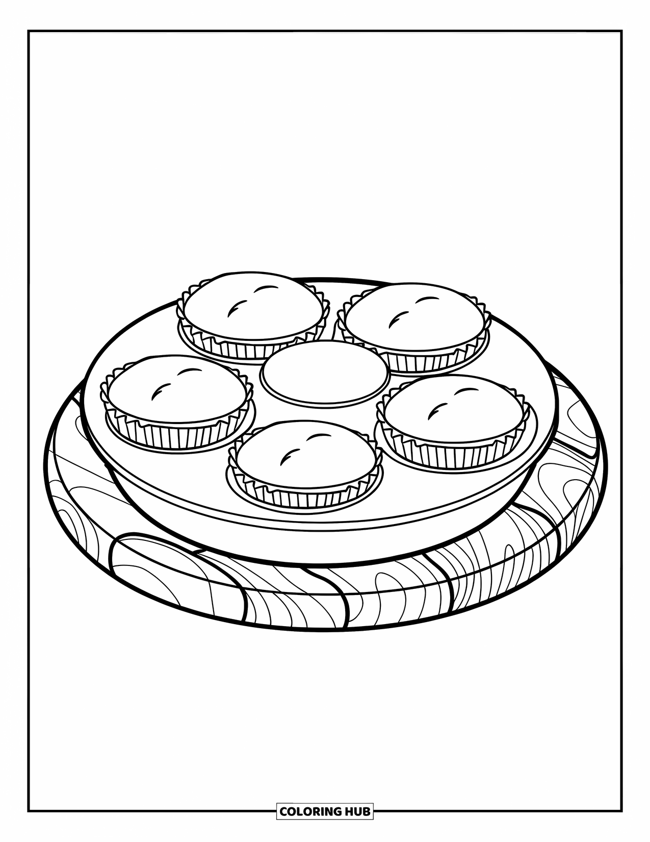 Baking Coloring Page for Kids: A muffin tin holding six muffins arranged in a circular pattern