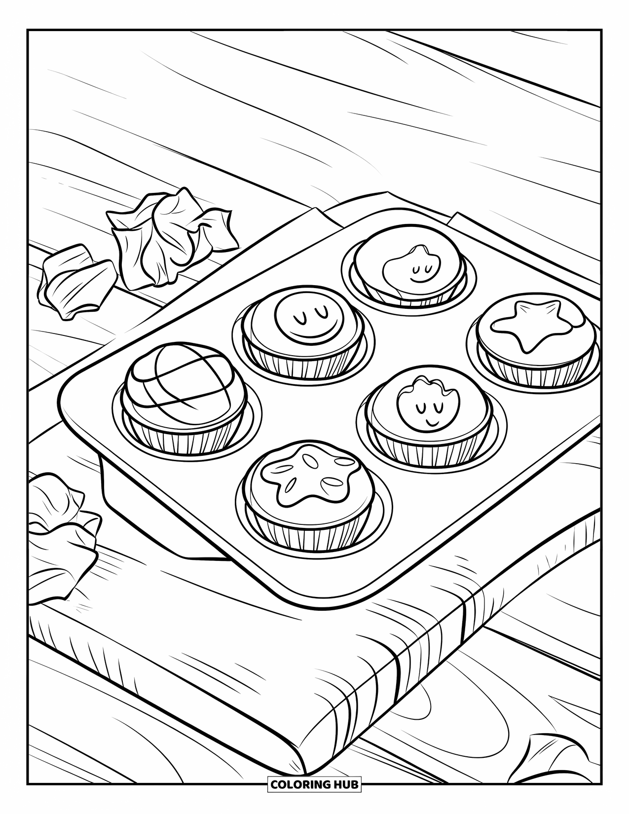 Baking Coloring Page for Kids: A muffin tin with muffins decorated with faces and designs