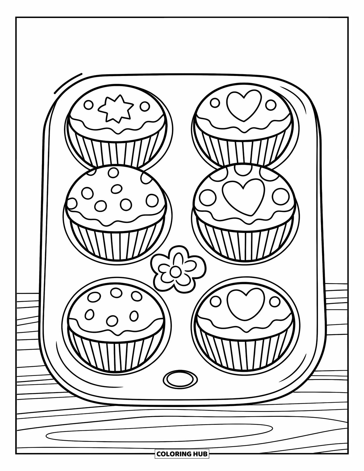 Baking Coloring Page for Kids: A muffin tin with muffins patterned with stars, hearts, and flowers