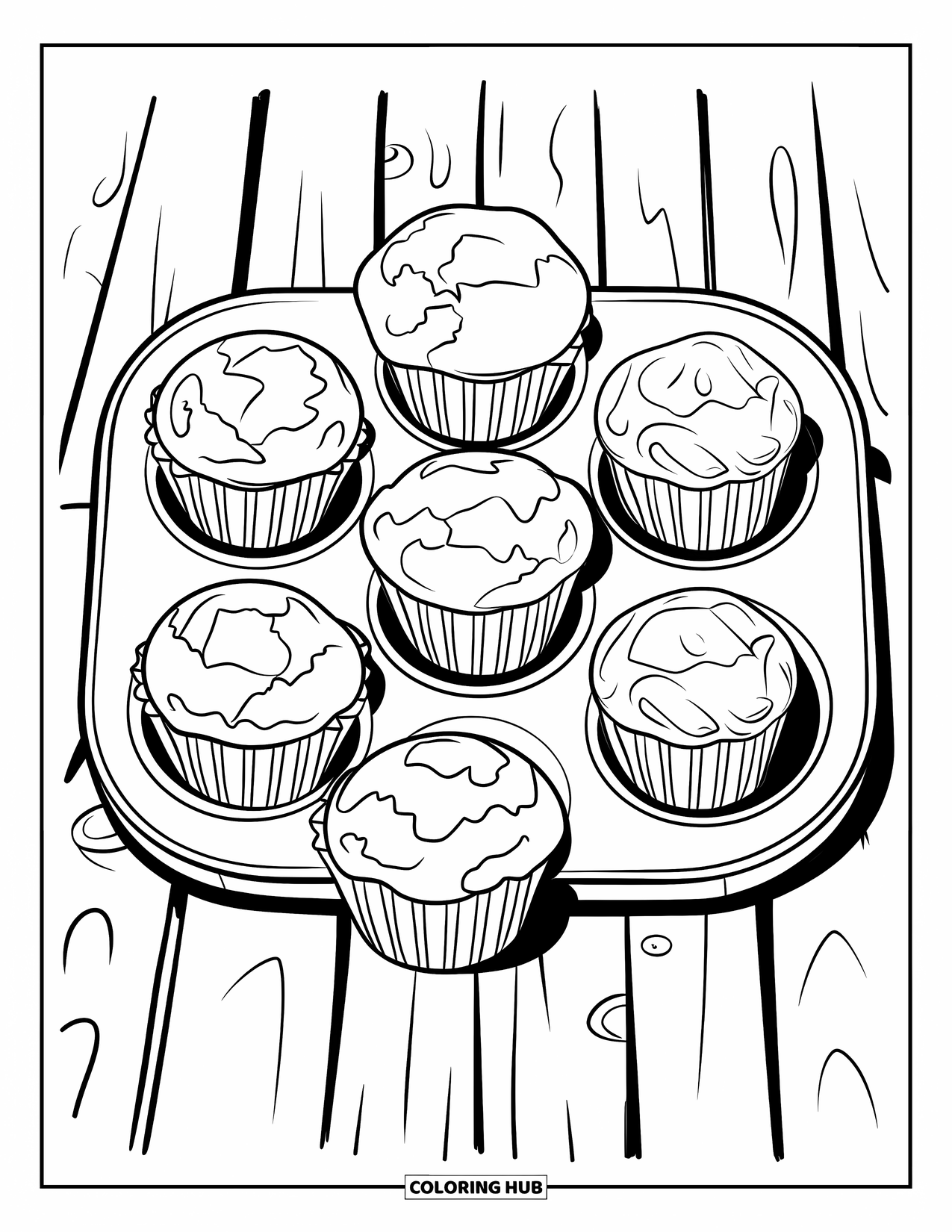 Baking Coloring Page for Kids: A muffin tin with six muffins placed on a wooden surface