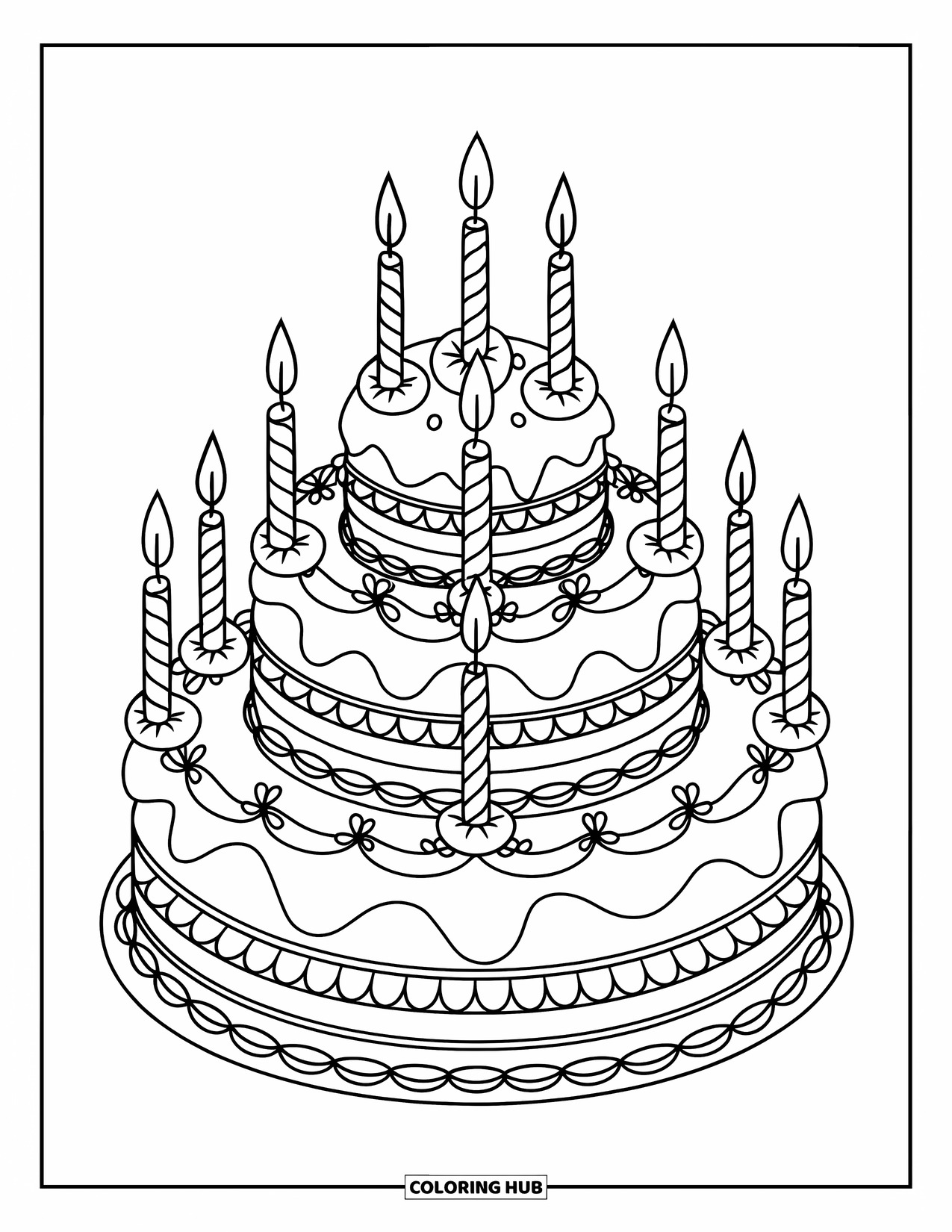 Baking Coloring Page for Kids: A multi-layered cake with candles and intricate icing designs