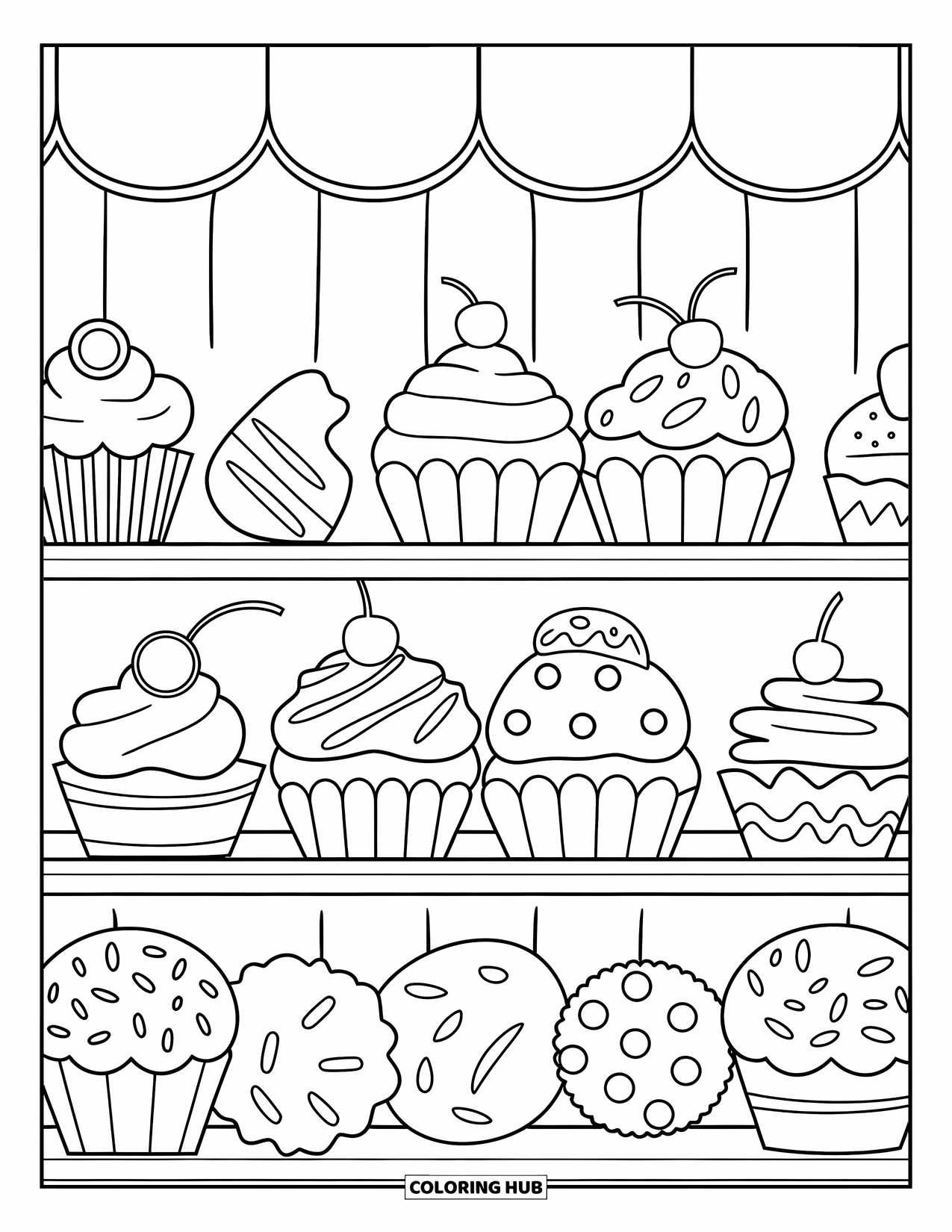 Baking Coloring Page for Kids: A pastry shelf with cupcakes, muffins, cookies, and sprinkled toppings