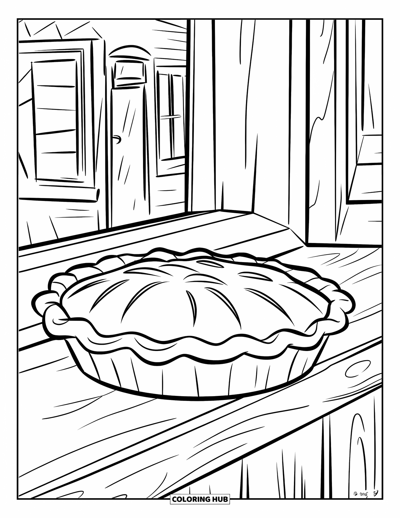 Baking Coloring Page for Kids: A pie cooling on a wooden windowsill of a house