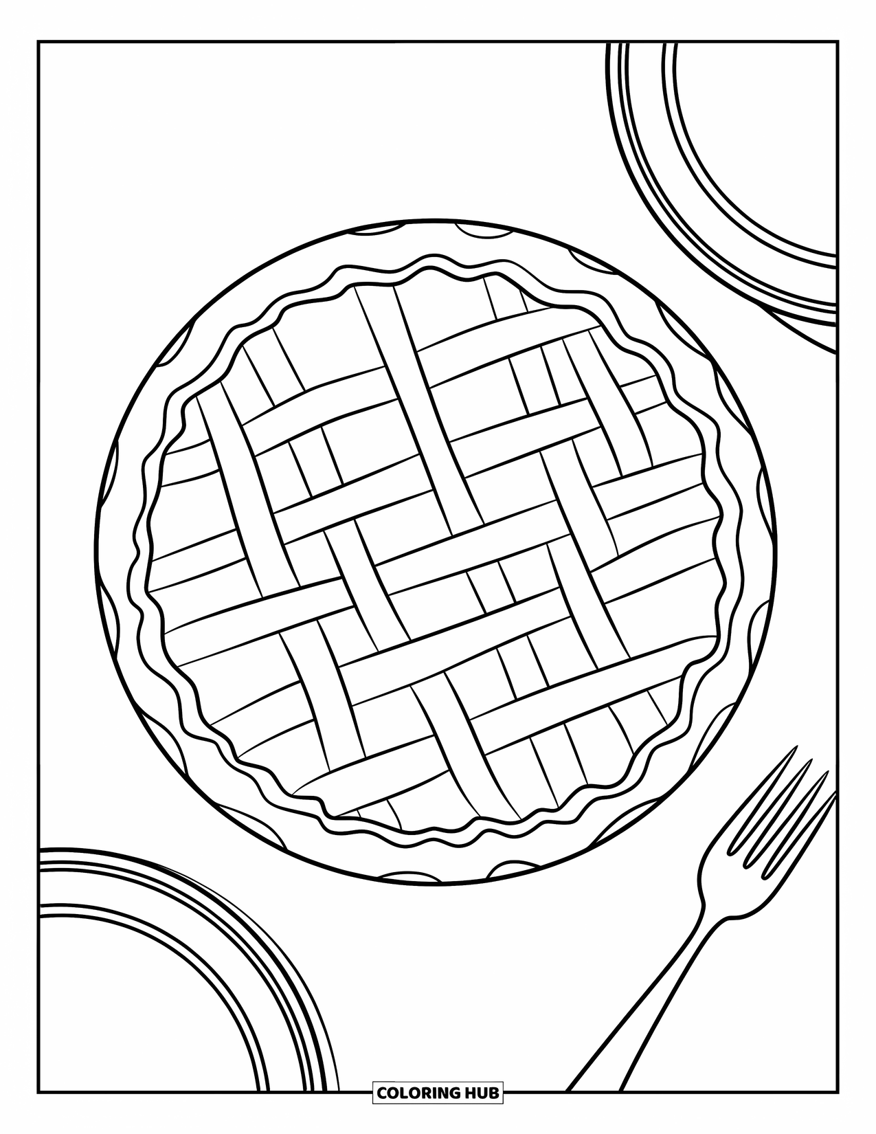 Baking Coloring Page for Kids: A pie with a lattice crust on a plate with a fork