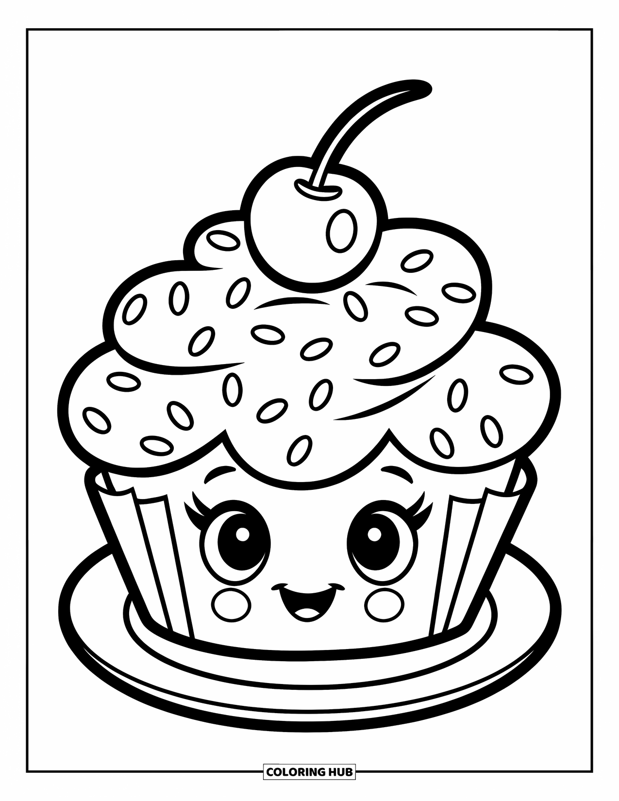 Baking Coloring Page for Kids: A playful cupcake with sprinkles and a cherry on a plate