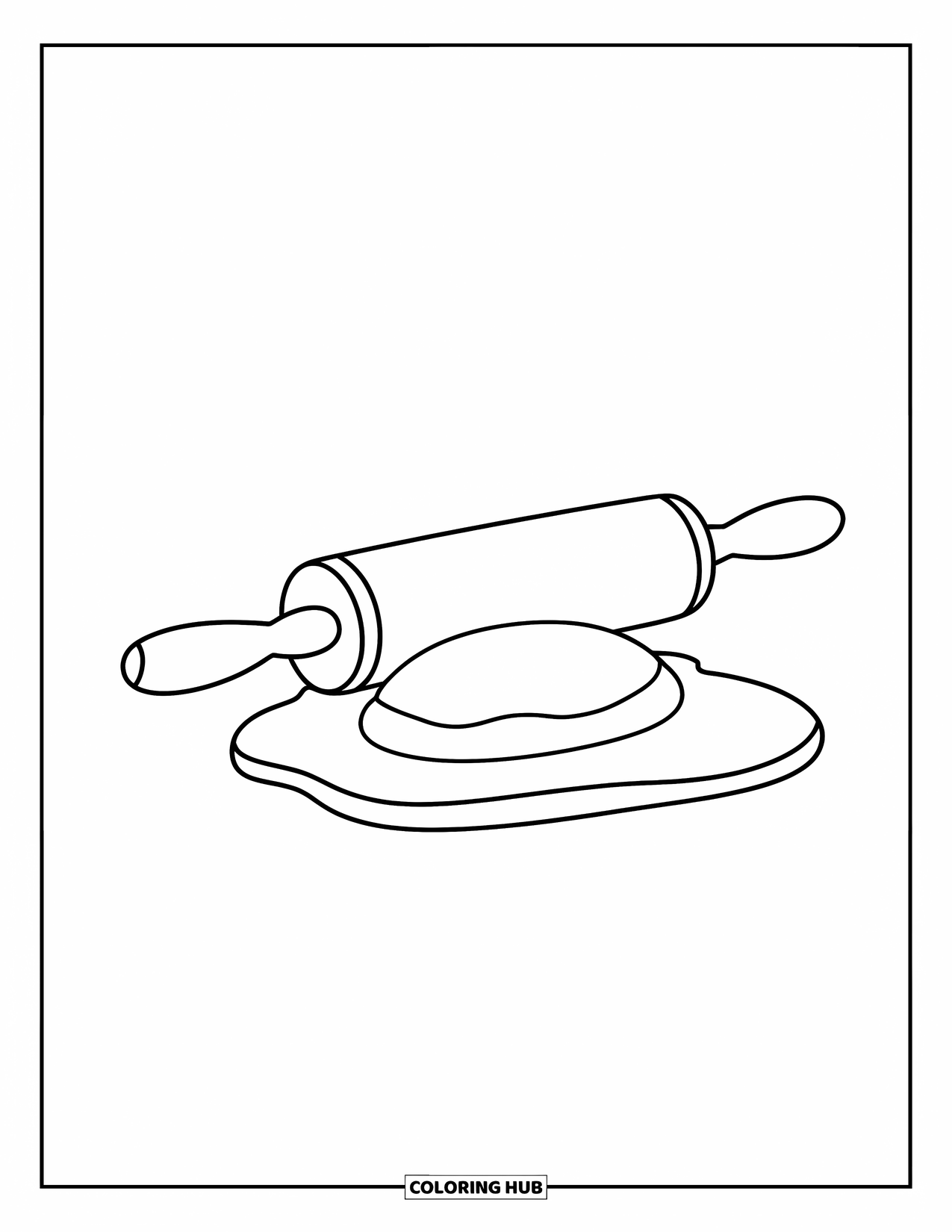 Baking Coloring Page for Kids: A rolling pin placed beside a small piece of dough