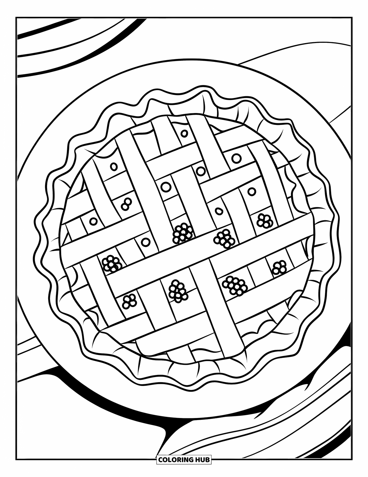 Baking Coloring Page for Kids: A round lattice pie with berries on top