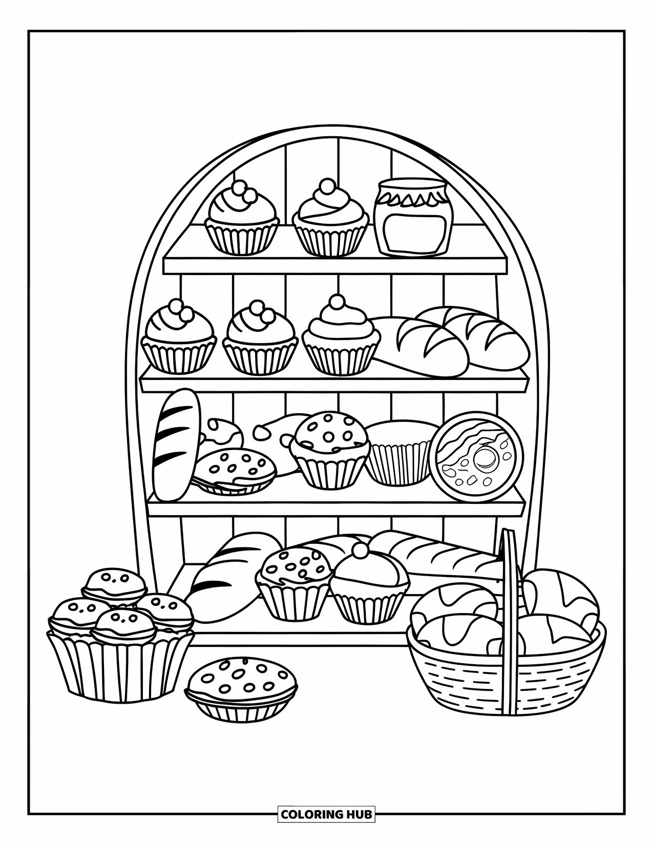 Baking Coloring Page for Kids: A shelf of cupcakes, muffins, cookies, bread, and a jar of jam