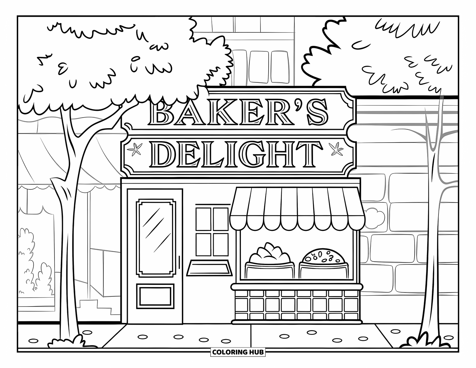 Baking Coloring Page for Kids: A small bakery shop with pastries displayed in the window