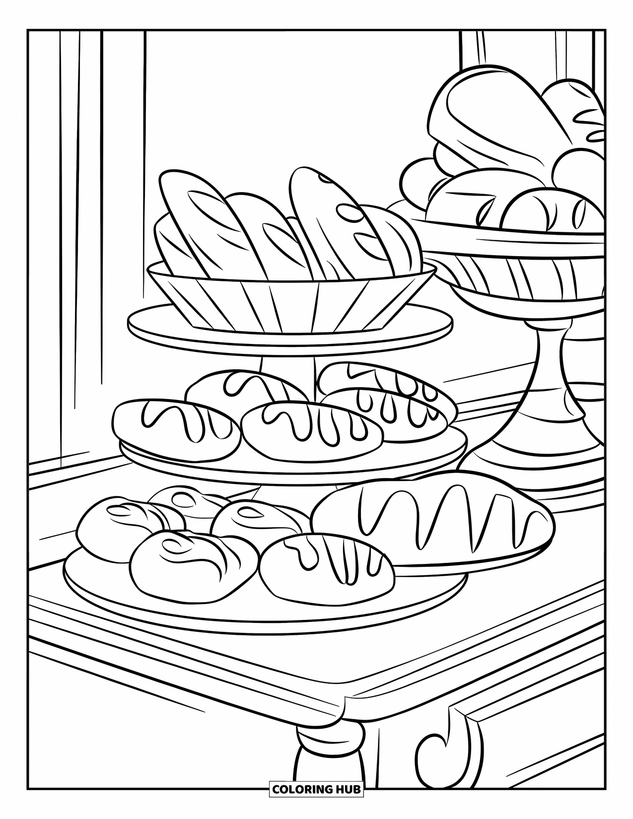 Baking Coloring Page for Kids: A small shelf with pastries, bread, and a bowl of fruits