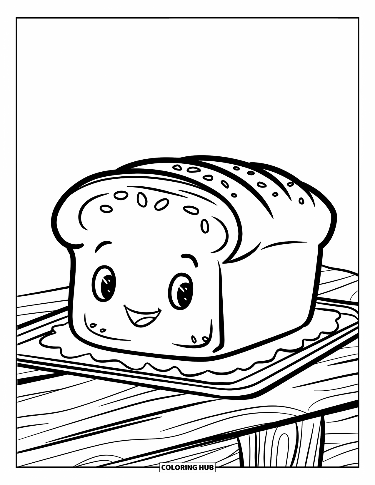 Baking Coloring Page for Kids: A smiling loaf of bread resting on a baking tray