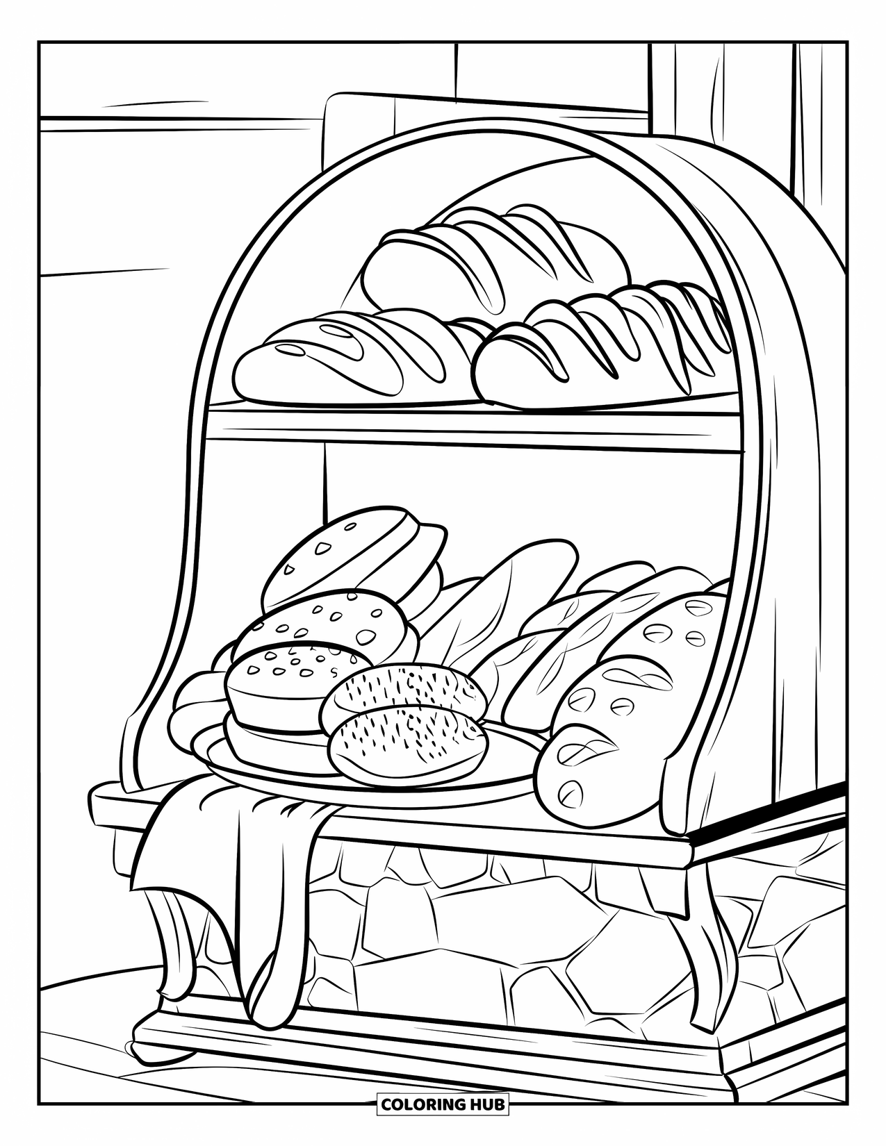 Baking Coloring Page for Kids: A stone-based shelf with pastries, bread, and a covered plate