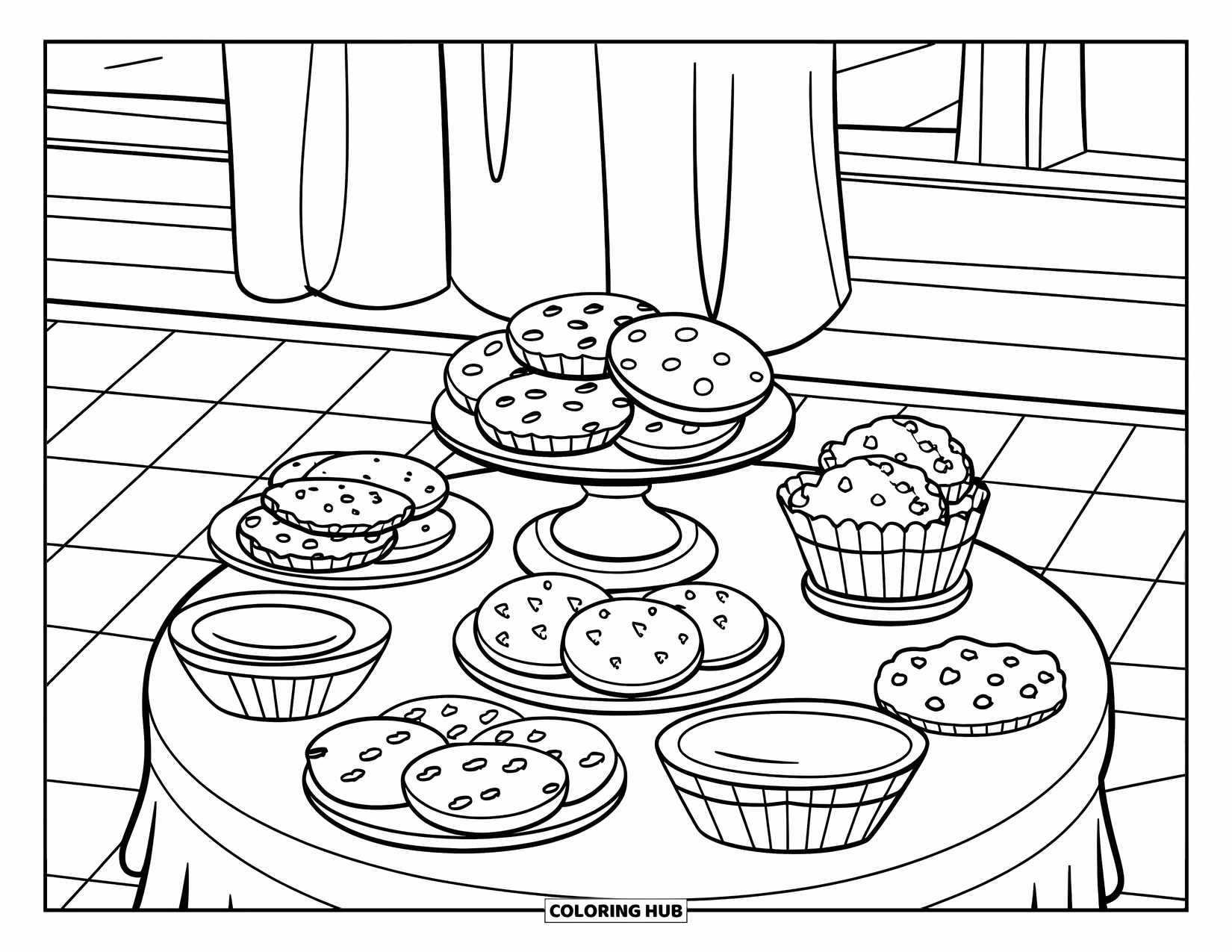Baking Coloring Page for Kids: A table filled with cookies and muffins on a checkered floor