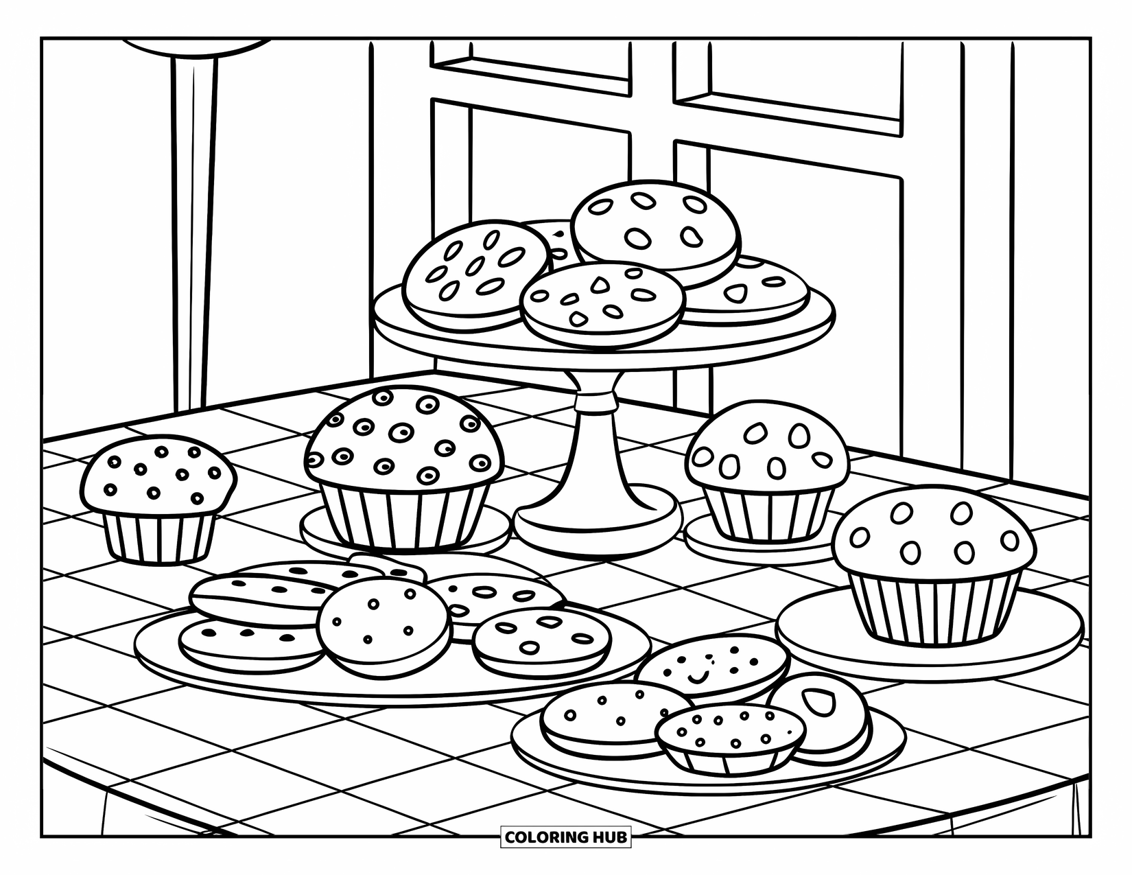 Baking Coloring Page for Kids: A table of cookies and muffins with a window in the background