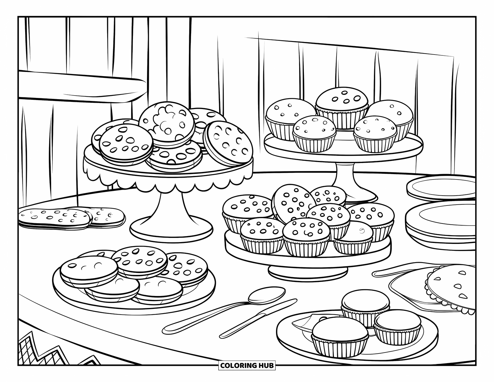 Baking Coloring Page for Kids: A table of cookies, muffins, macarons, and a few utensils