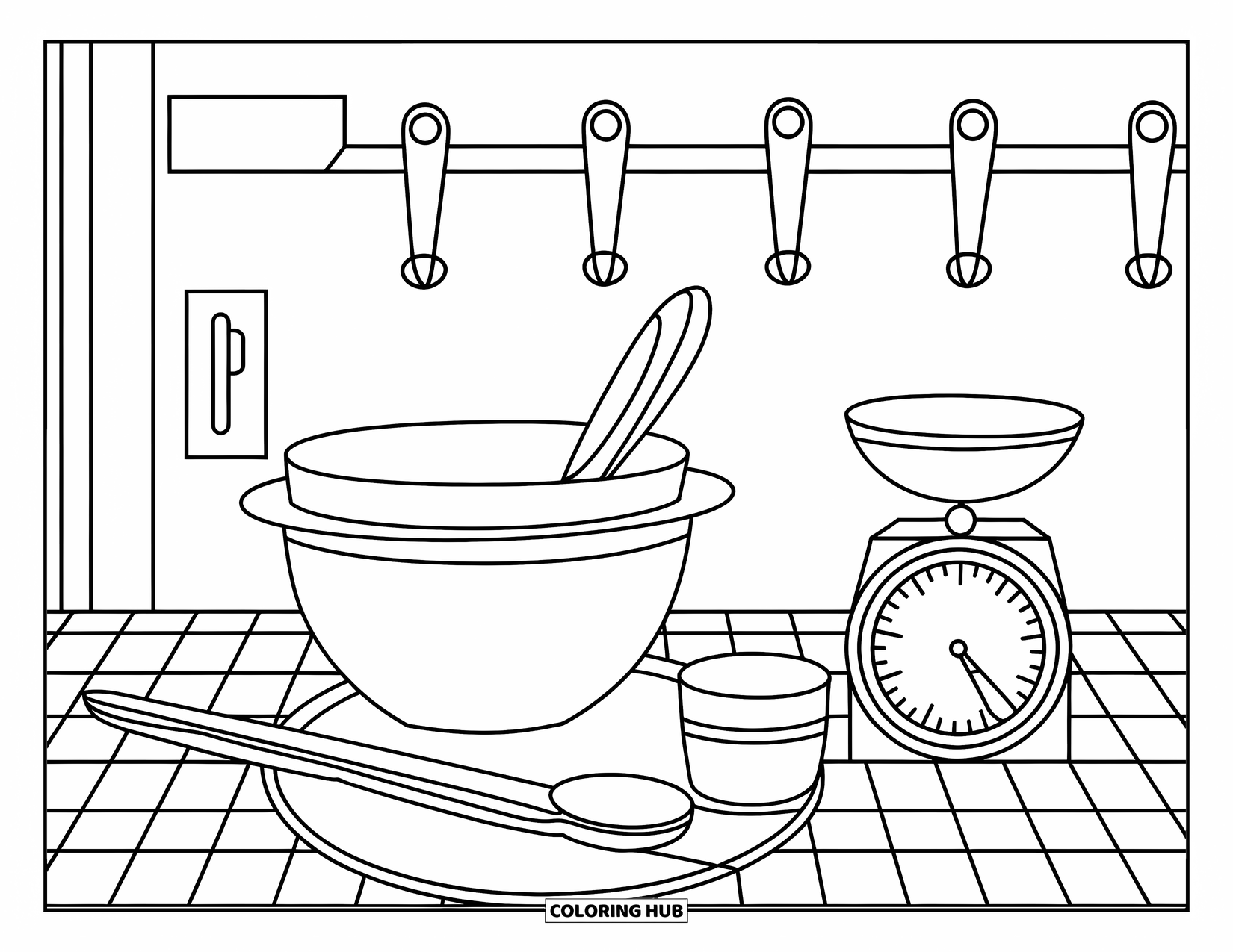 Baking Coloring Page for Kids: A table with mixing bowl, spoon, measuring cup, and scale arranged neatly