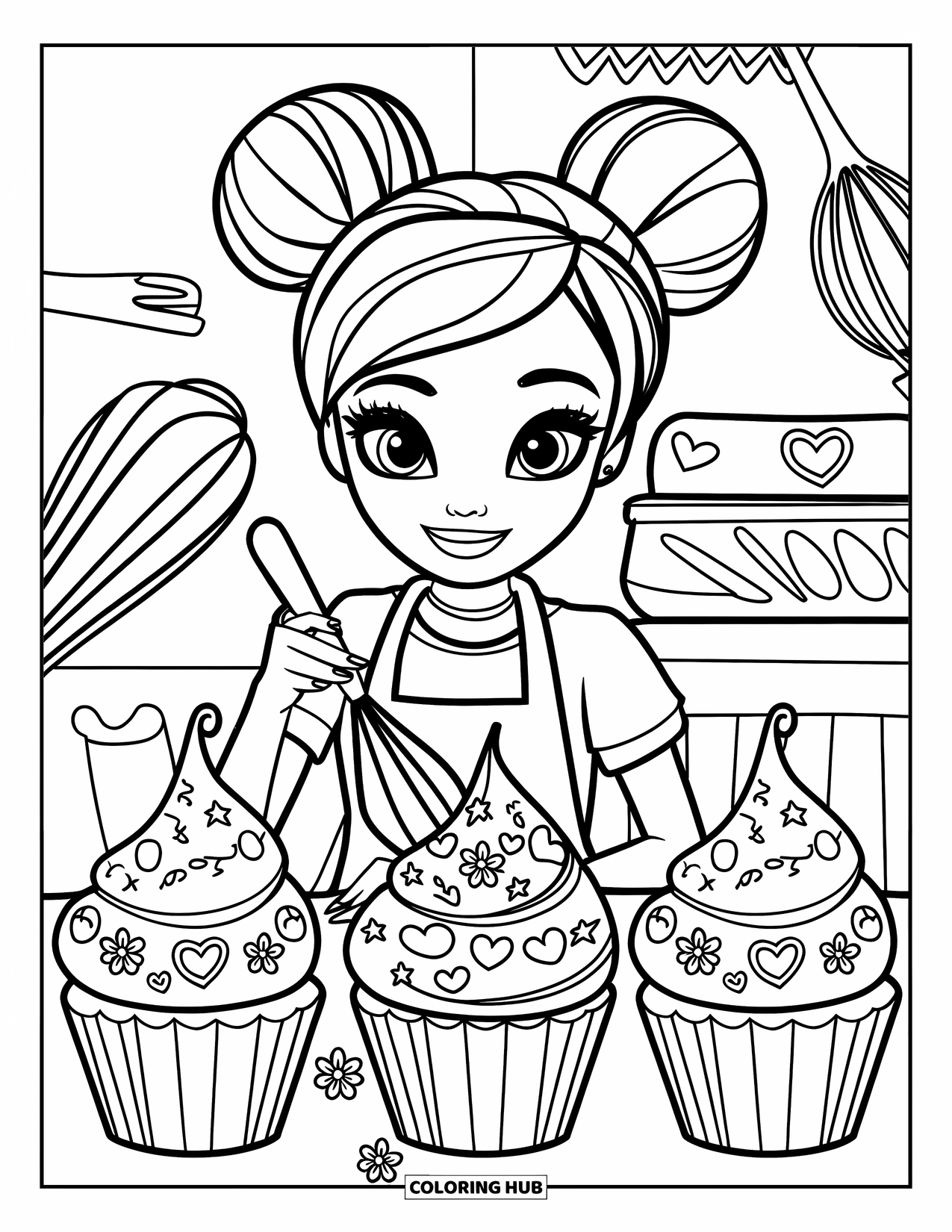 Baking Coloring Page for Kids: A teen baker frosting cupcakes decorated with hearts, stars, and flowers