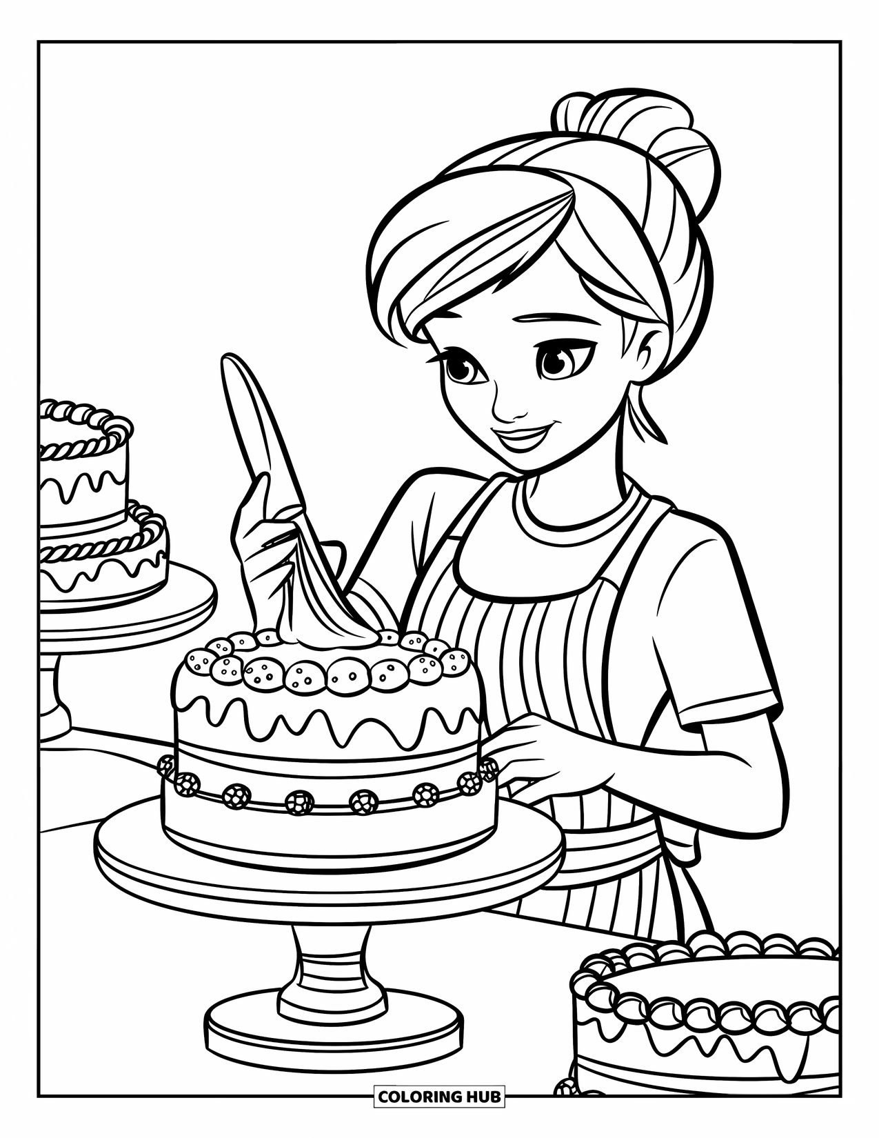Baking Coloring Page for Kids: A teen frosting a layered cake with sprinkles and extra cakes nearby