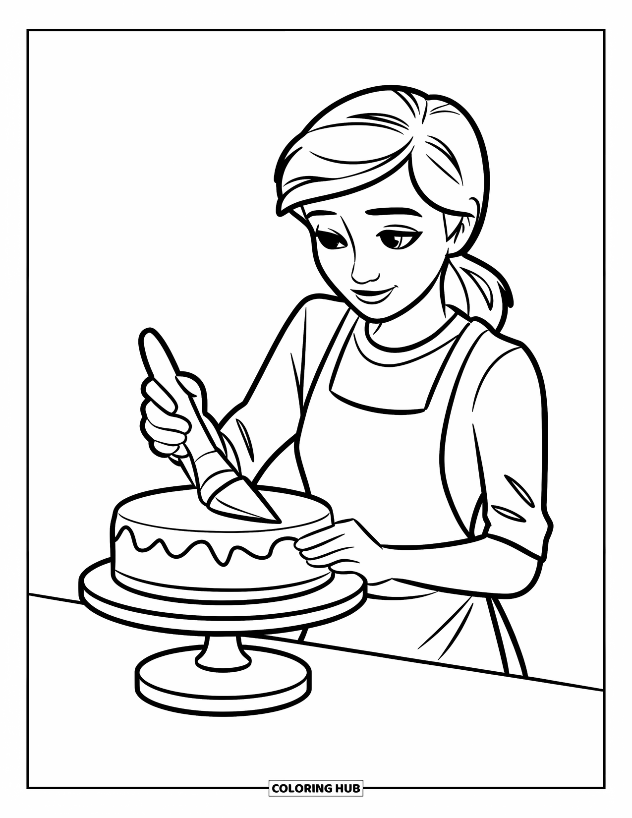 Baking Coloring Page for Kids: A teen in an apron frosting a cake on a rotating stand