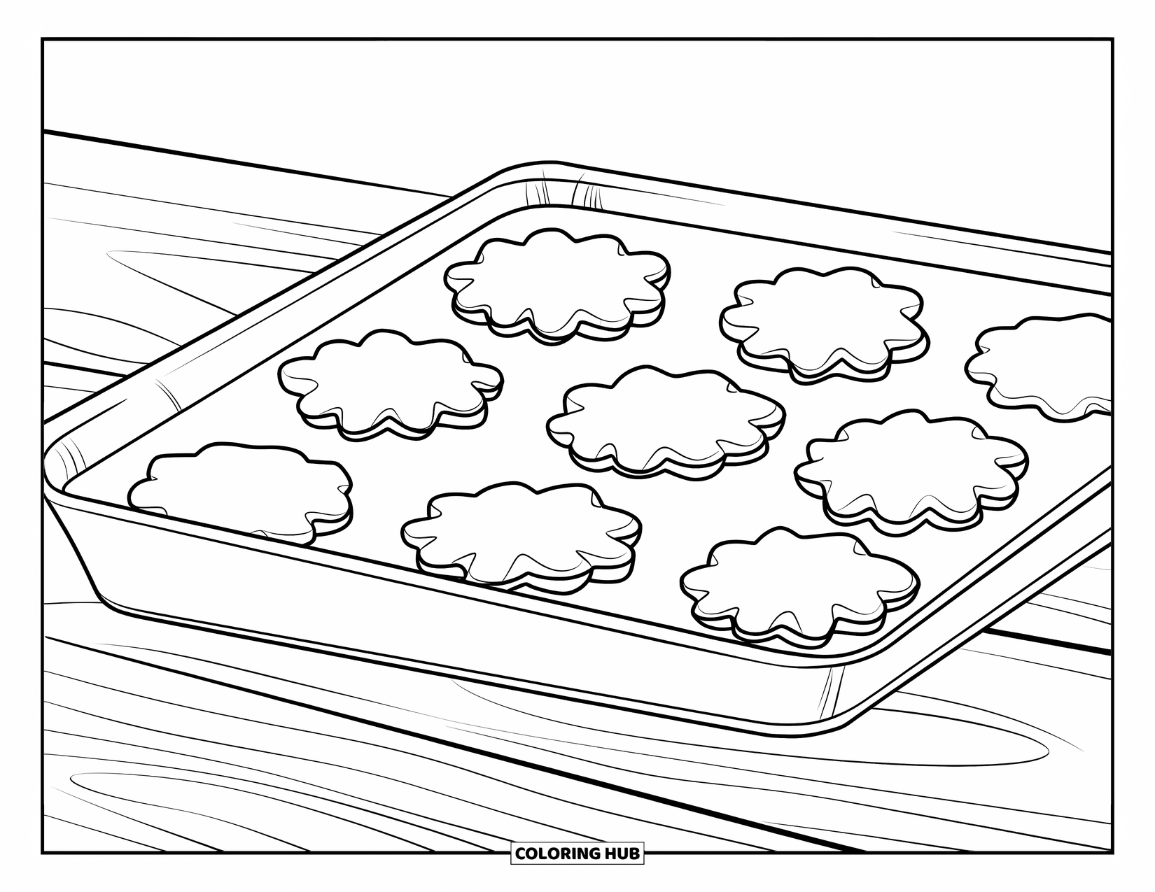 Baking Coloring Page for Kids: A tray holding eight plain cookies in different shapes