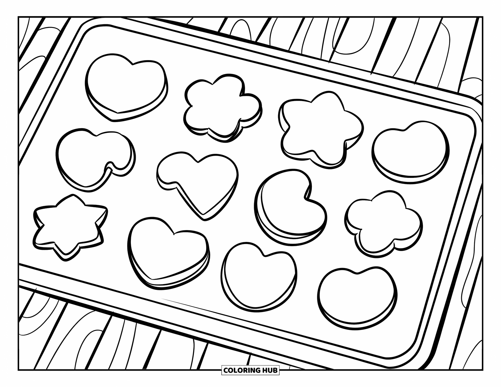 Baking Coloring Page for Kids: A tray of cookies with heart, star, and round designs