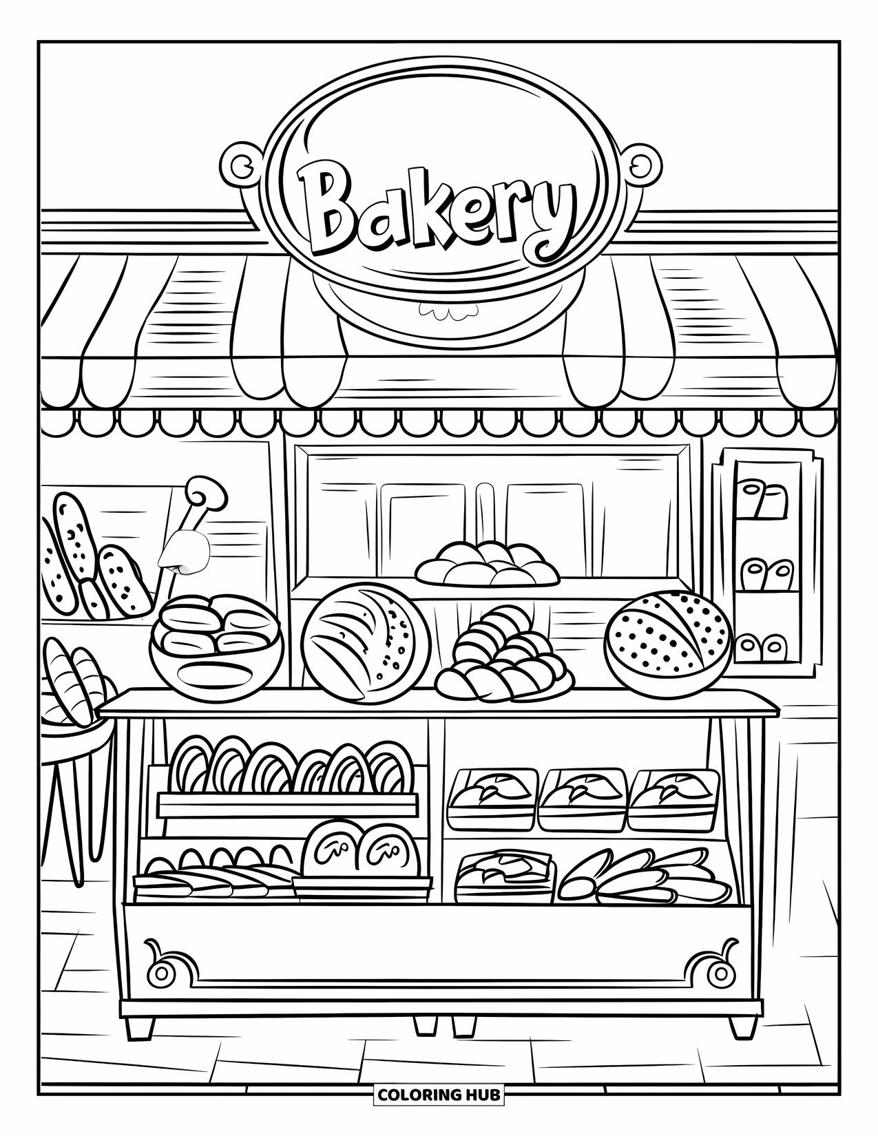 Baking Coloring Page for Kids: A trendy bakery scene with bread and pastries on display
