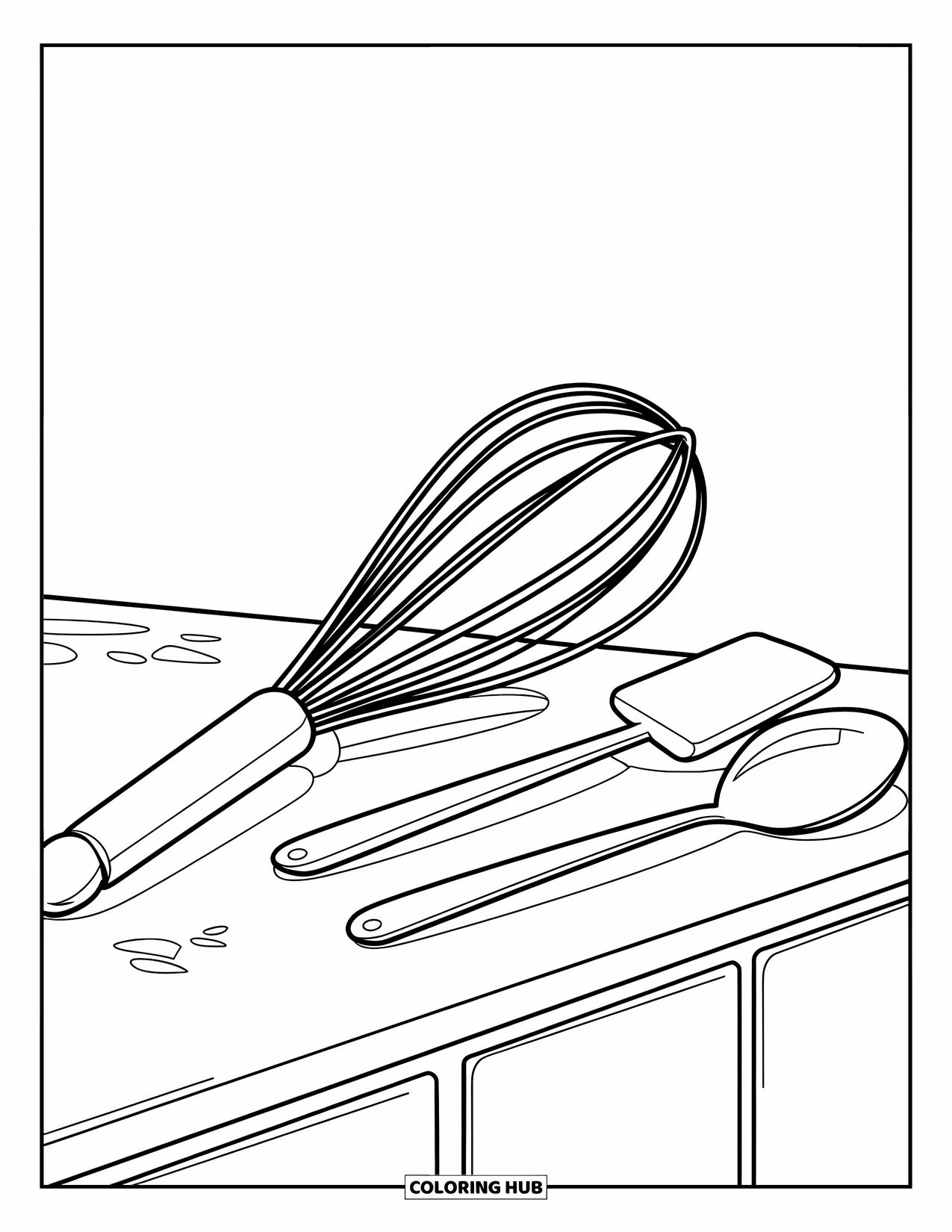 Baking Coloring Page for Kids: A whisk, spatula, and spoon lying together on a counter