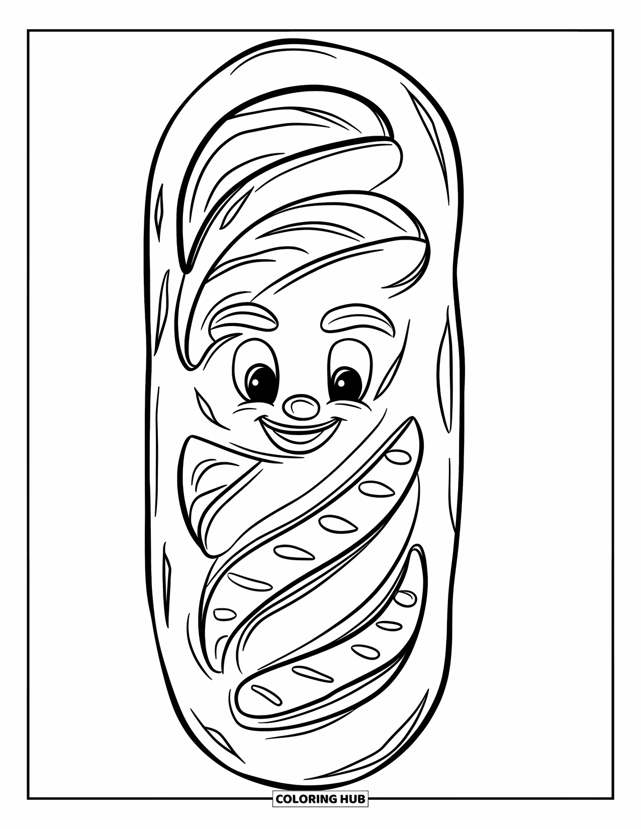 Baking Coloring Page for Kids: An intricate bread loaf with scoring patterns and a smiling face