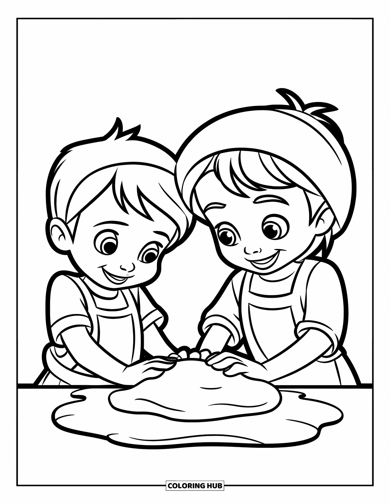 Baking Coloring Page for Kids: Two children kneading dough with cheerful expressions