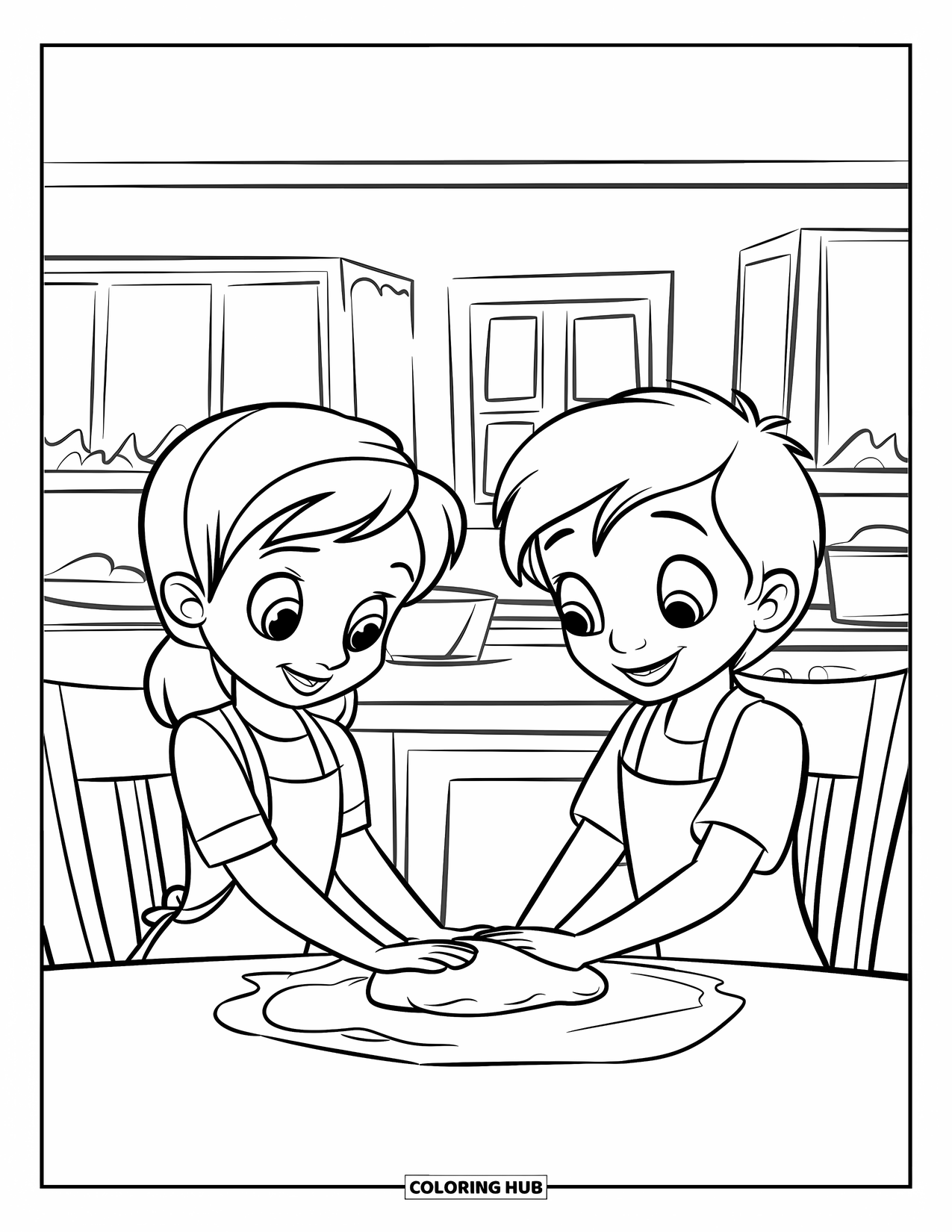 Baking Coloring Page for Kids: Two kids kneading dough beside a bowl in a kitchen
