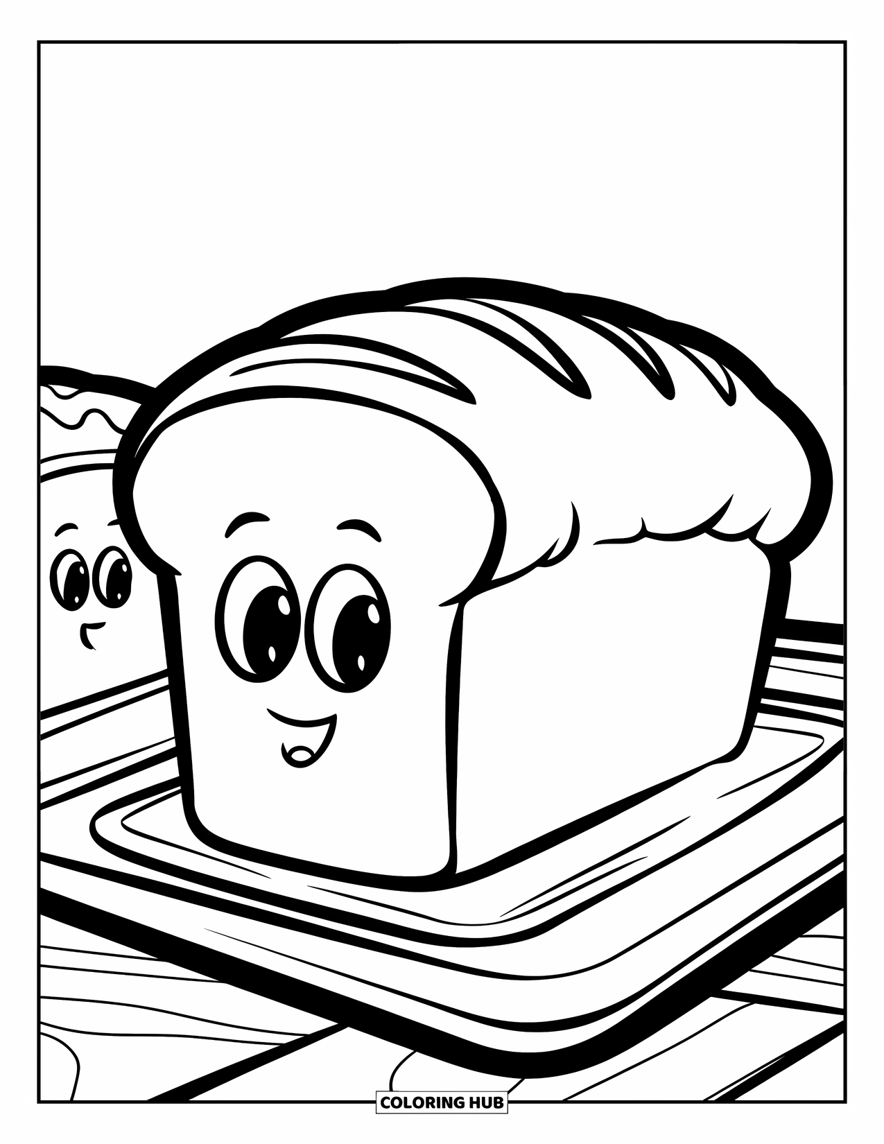 Baking Coloring Page for Kids: Two loaves of bread with faces resting on a baking tray