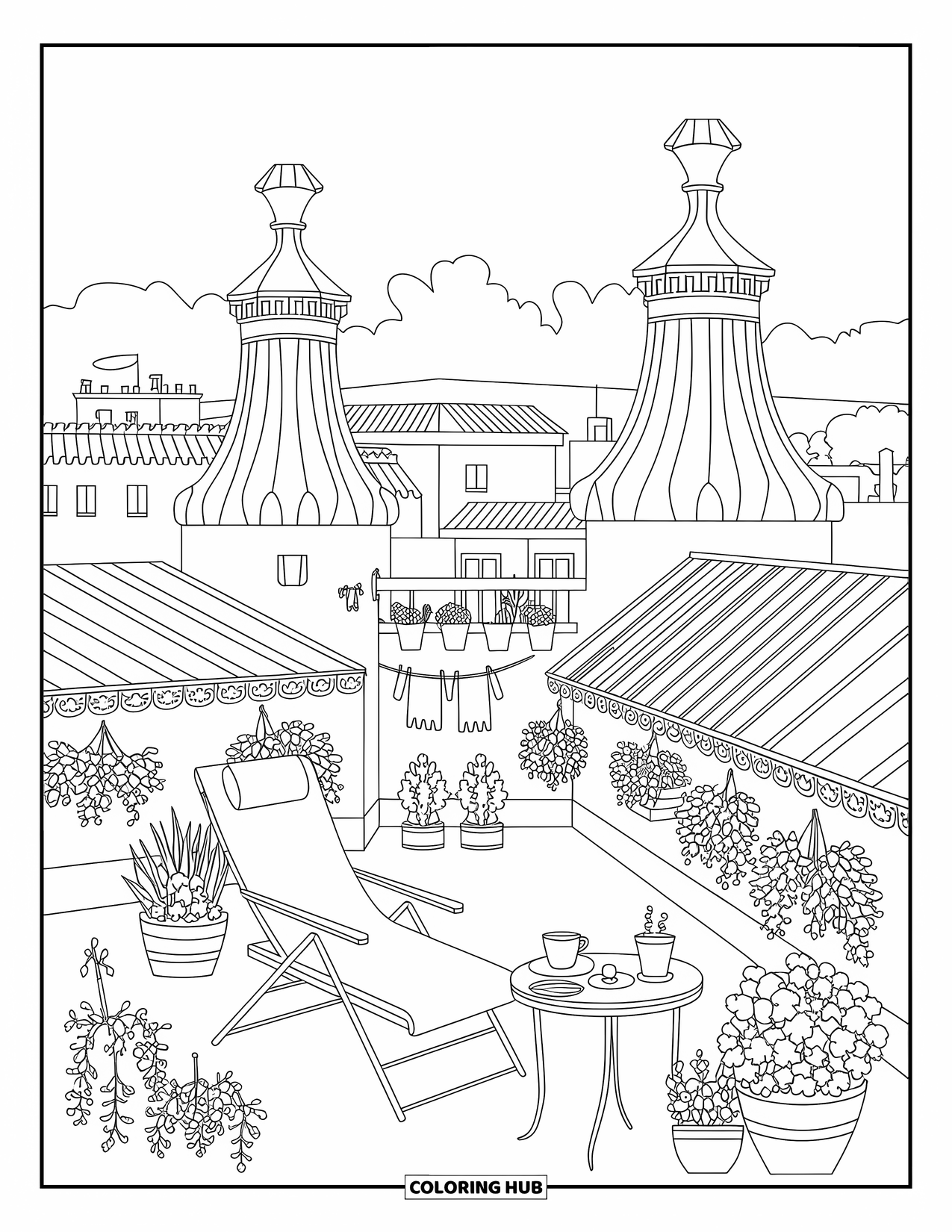 Barcelona Coloring Page for Adults: A cozy terrace with birds, coffee, and GaudÌ chimneys above the city