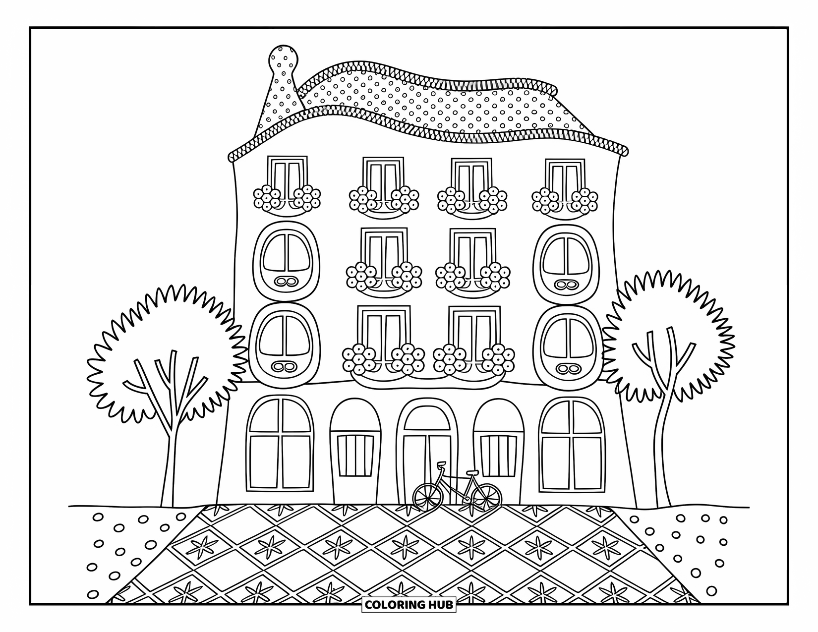 Barcelona Coloring Page for Adults: A whimsical Sagrada FamÌlia with cobbled lanes, bicycles, and cozy cafÈ corners
