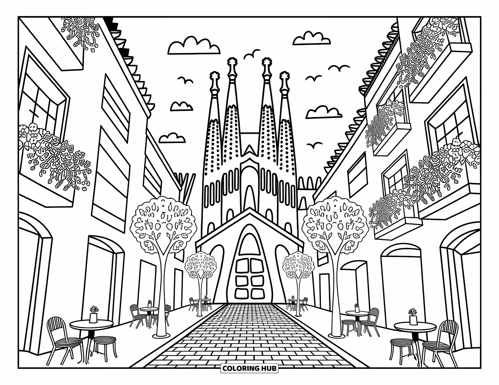Barcelona Coloring Page for Adults: Adorable Sagrada FamÌlia surrounded by bikes, balconies, and cafÈs on cozy Barcelona streets