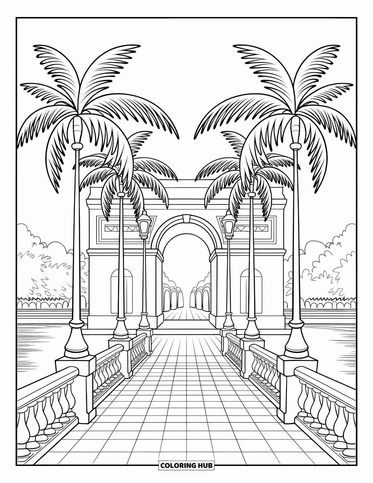 Barcelona Coloring Page for Adults: Arc de Triomf with palm trees, tiled paths, and a calm garden-like setting